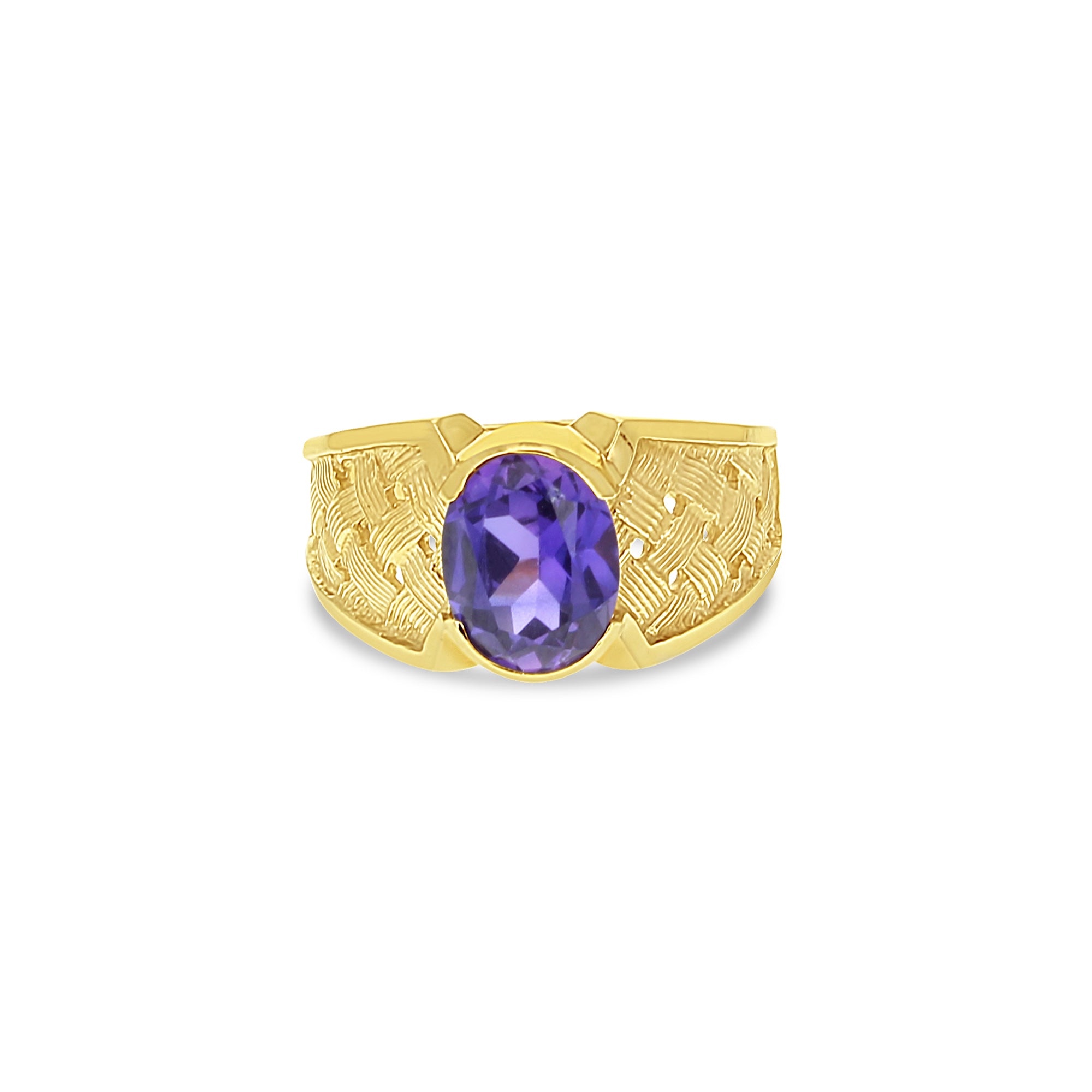 Oval Amethyst Ring with Basketweave Band 14k Yellow Gold