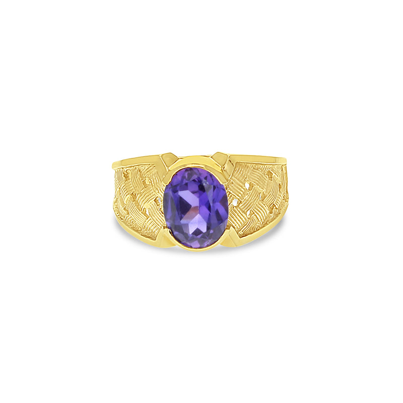 Oval Amethyst Ring with Basketweave Band 14k Yellow Gold