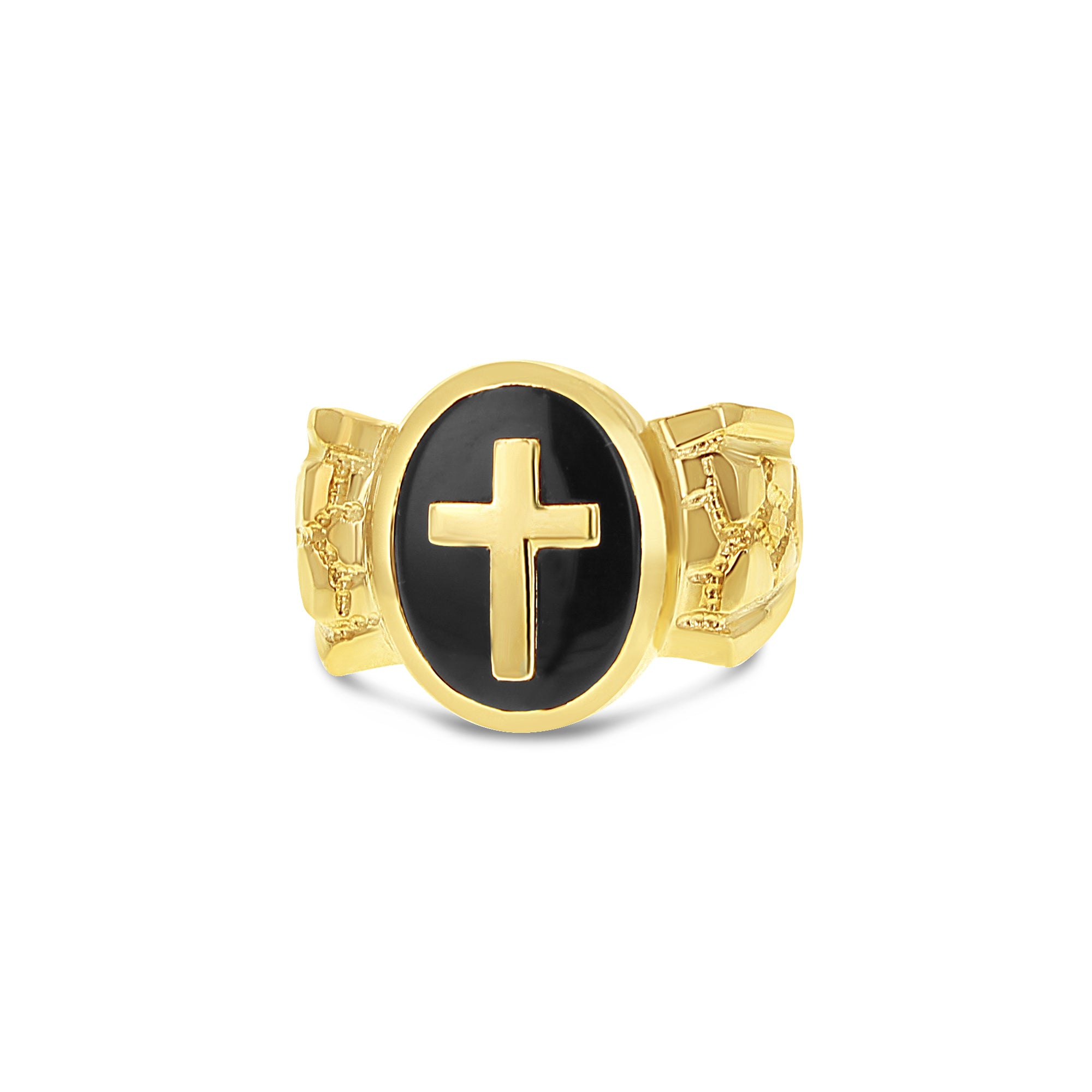 Anillo de hombre con cruz de ónix en oro amarillo de 14 k