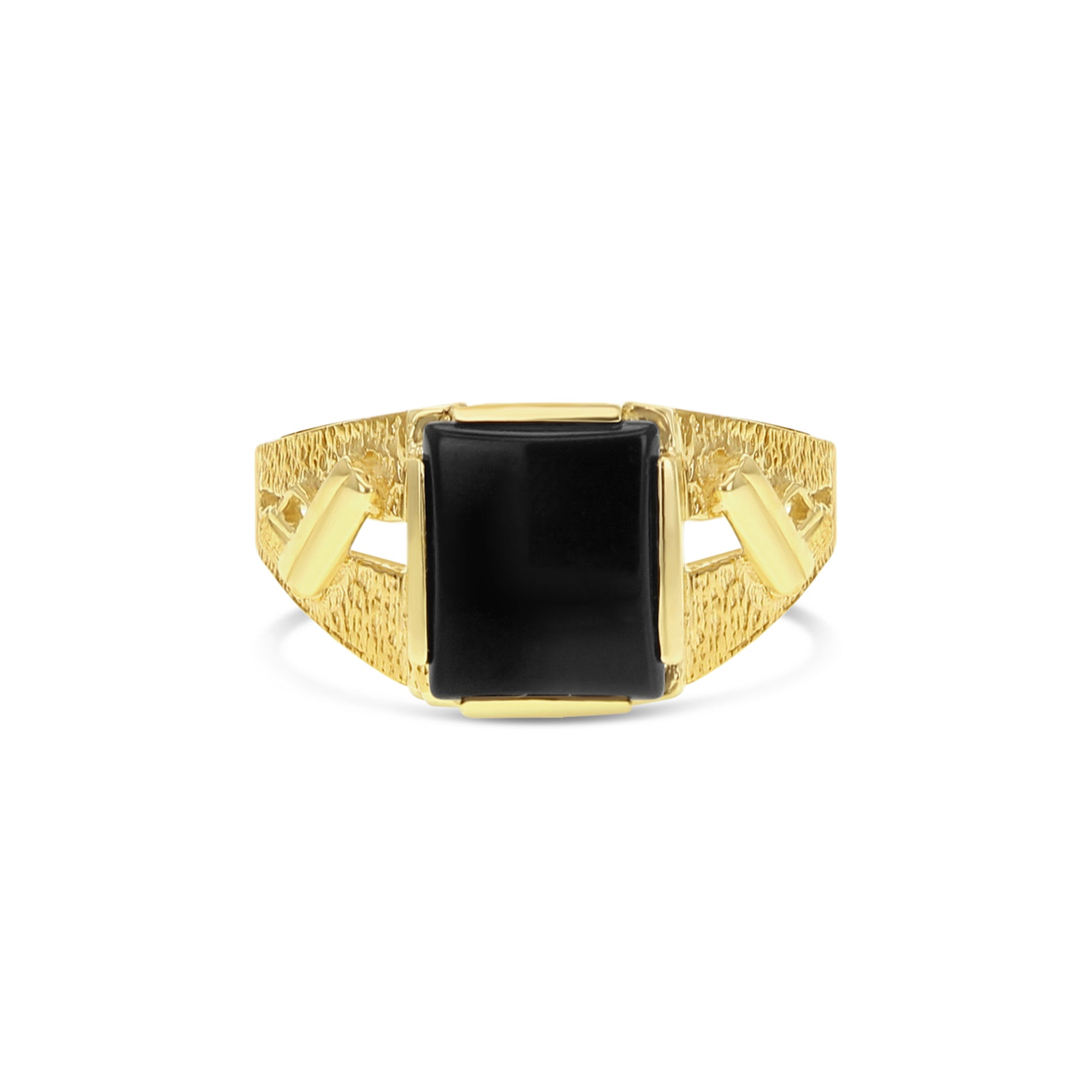 Men's Square Onyx Ring with Gun Design 14k Yellow Gold