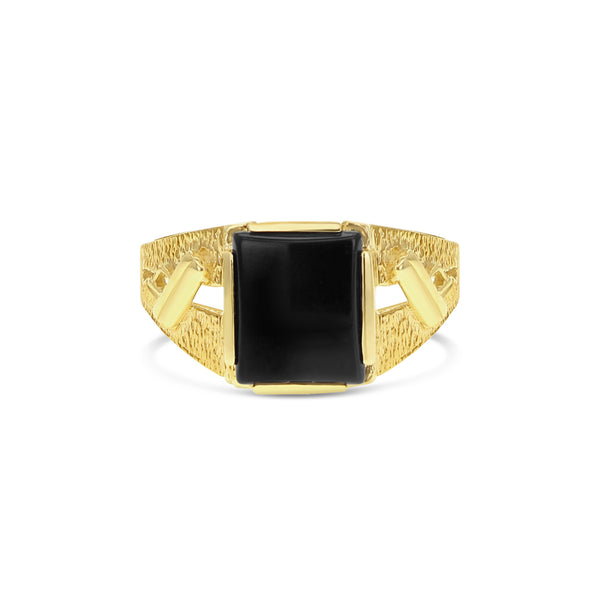 Men's Square Onyx Ring with Gun Design on Band 14k Yellow Gold