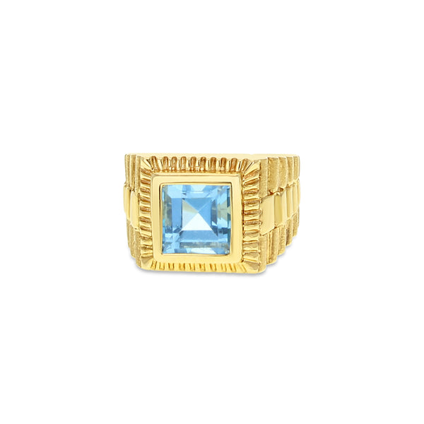 Square Blue Topaz Ring with Presidential Style Band