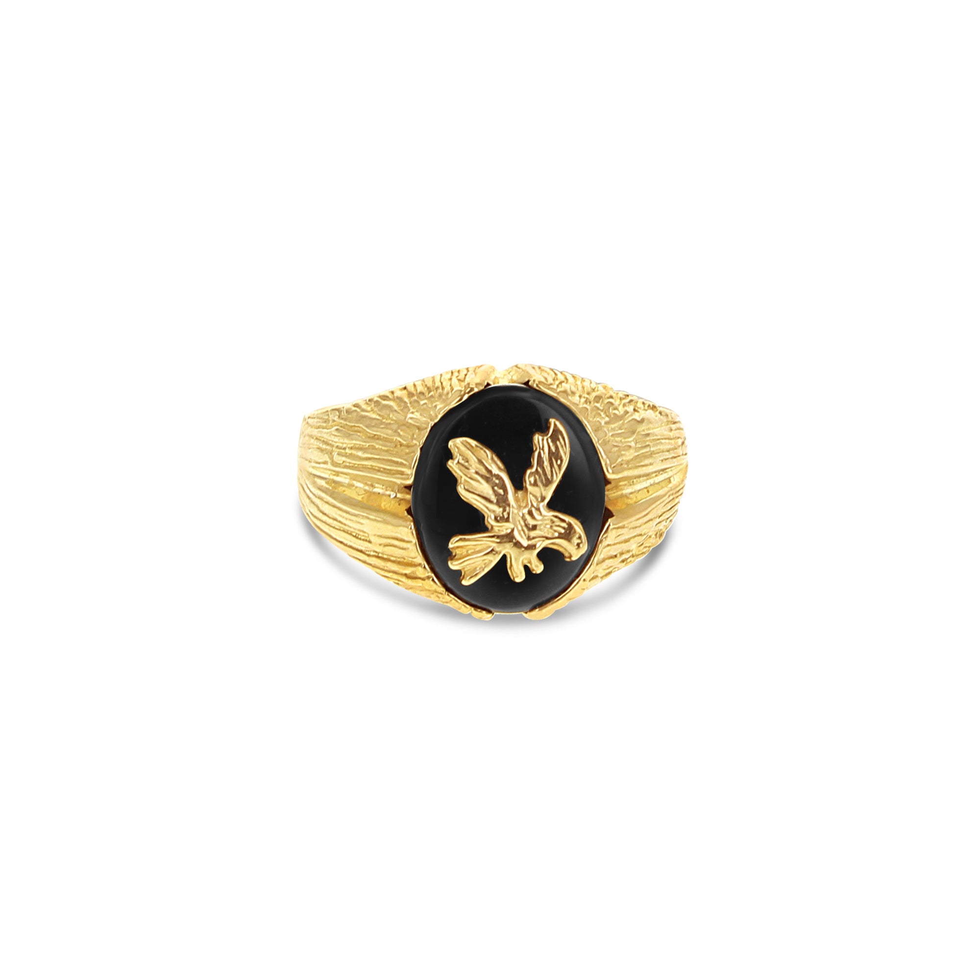 Bague aigle en onyx noir avec bande texturée en écorce, or jaune 14 carats