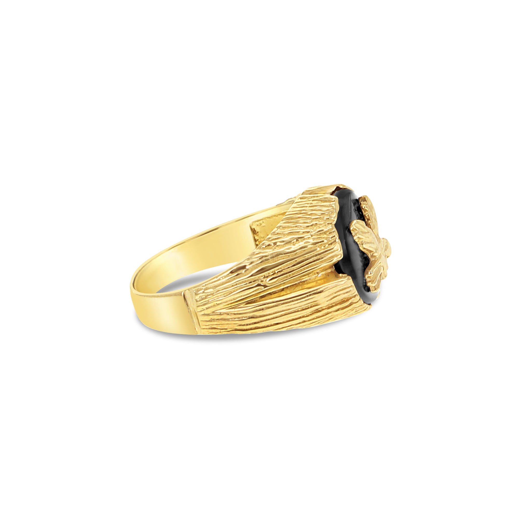 Black Onyx Eagle Ring with Bark Textured Band 14k Yellow Gold