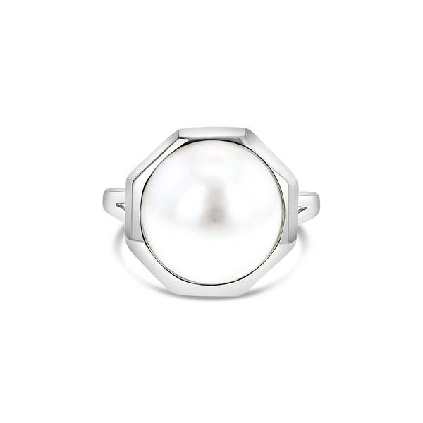 13MM Octagon Shaped Mabe Pearl Ring 14k White Gold