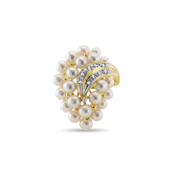 Large Pearl Cluster Ring with Diamond Accents 14k Yellow Gold