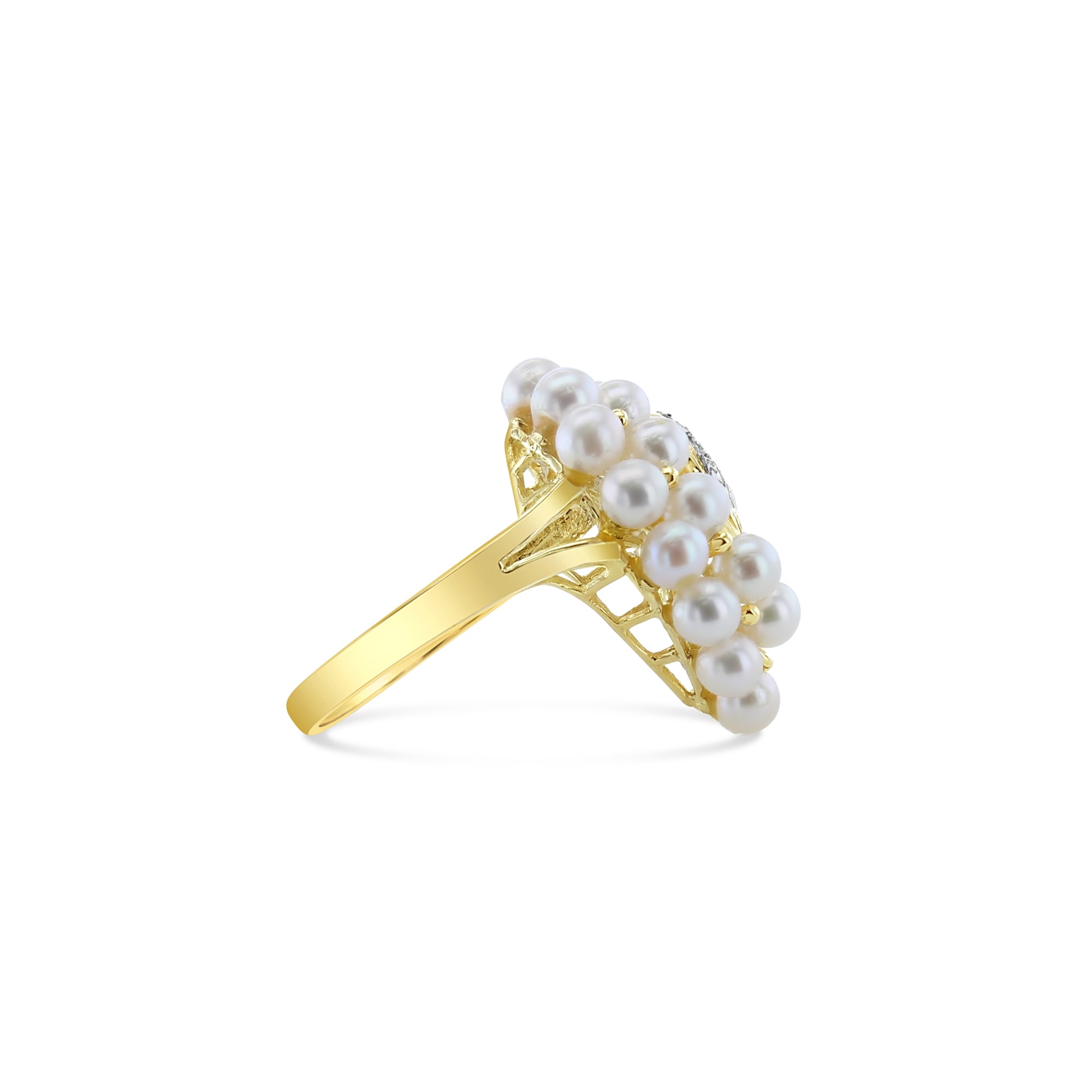 Large Pearl Cluster Ring with Diamond Accents 14k Yellow Gold