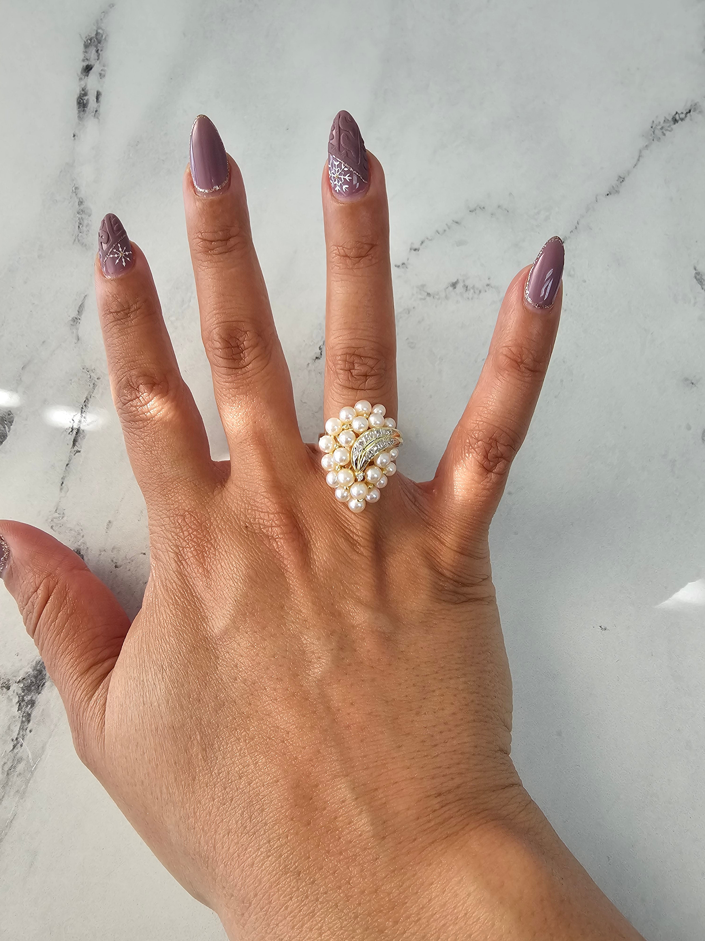 Large Pearl Cluster Ring with Diamond Accents 14k Yellow Gold