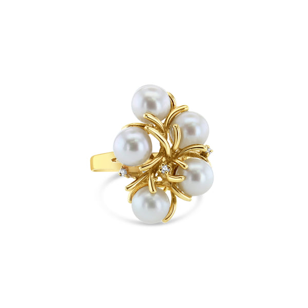 Pearl Cluster Ring with Diamond Accent 14k Yellow Gold