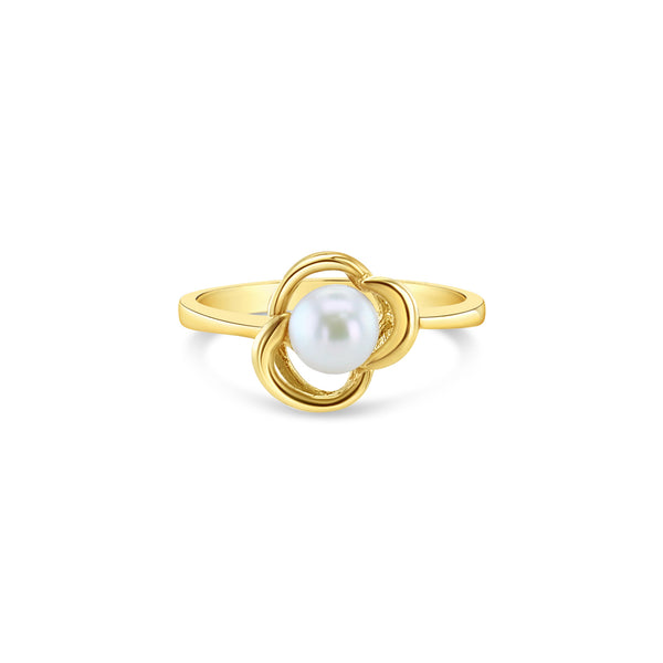 Solitaire Cultured Pearl Diamond Ring in Floral Design 14k Yellow Gold