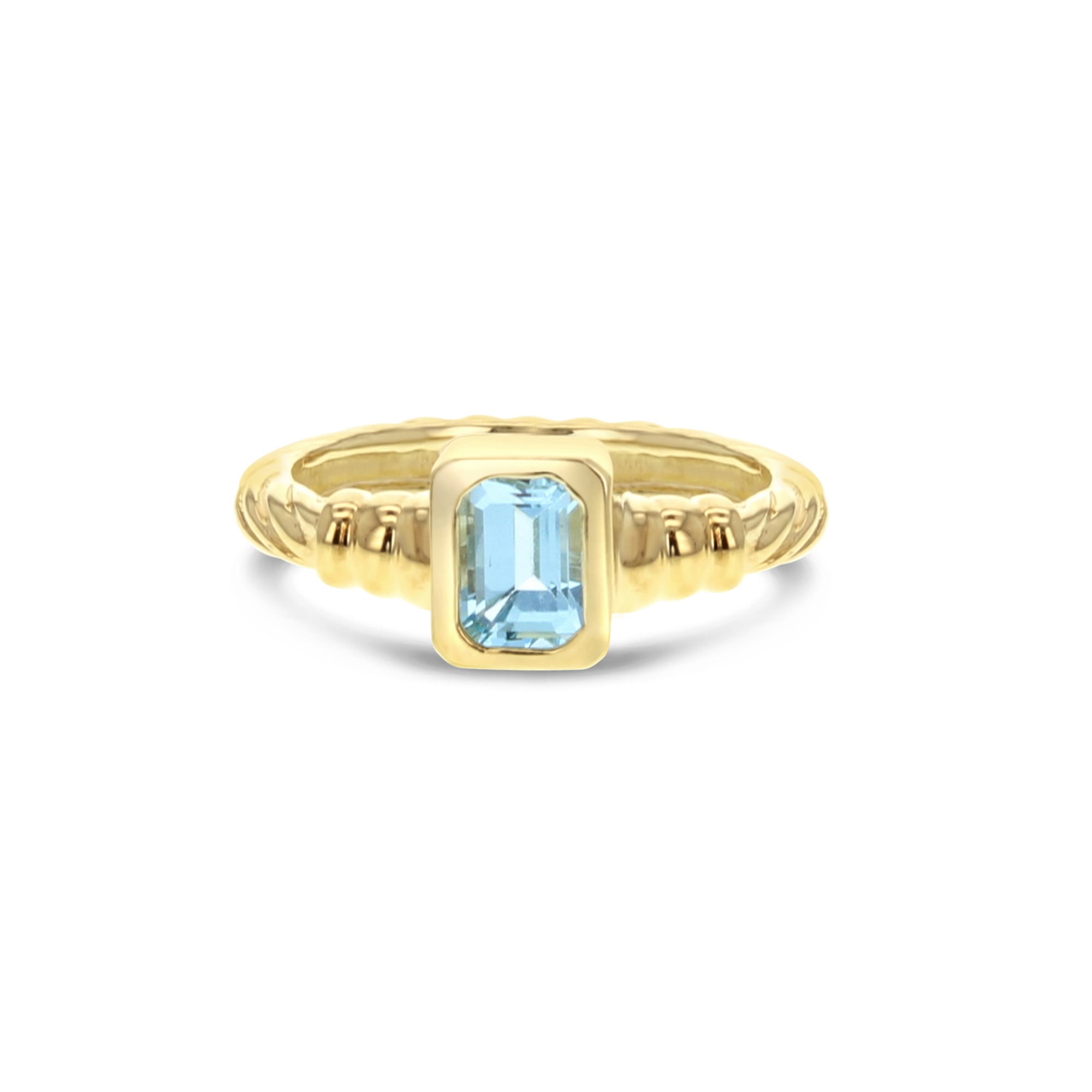 Bague solitaire en topaze bleue taille émeraude avec anneau en corde