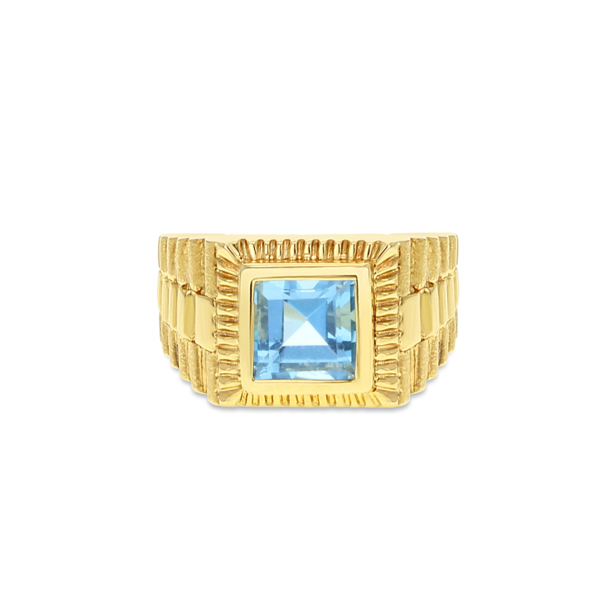 Square Blue Topaz Ring with Presidential Style Band