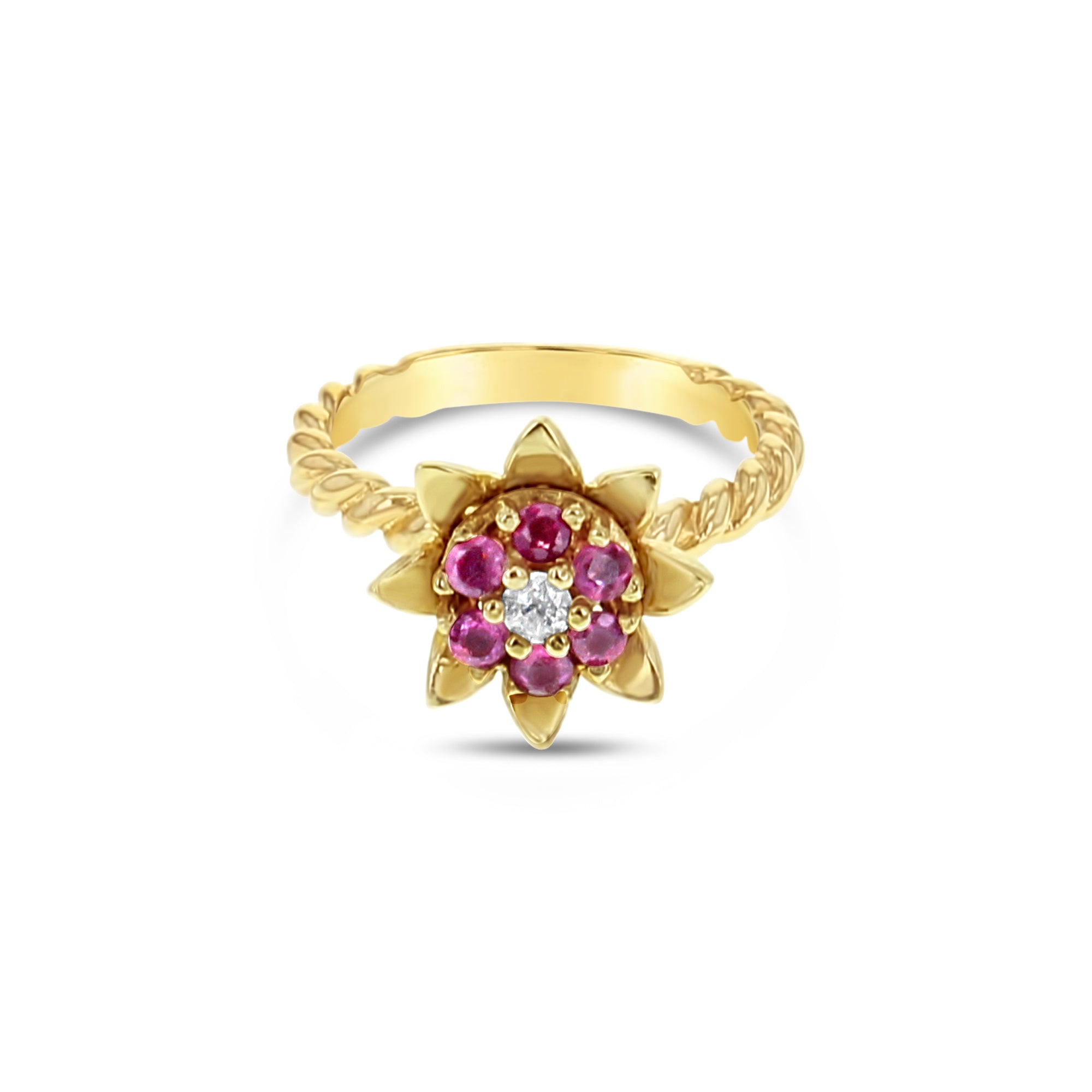 Anillo de oro amarillo de 14 k con tulipán y rubí mediano