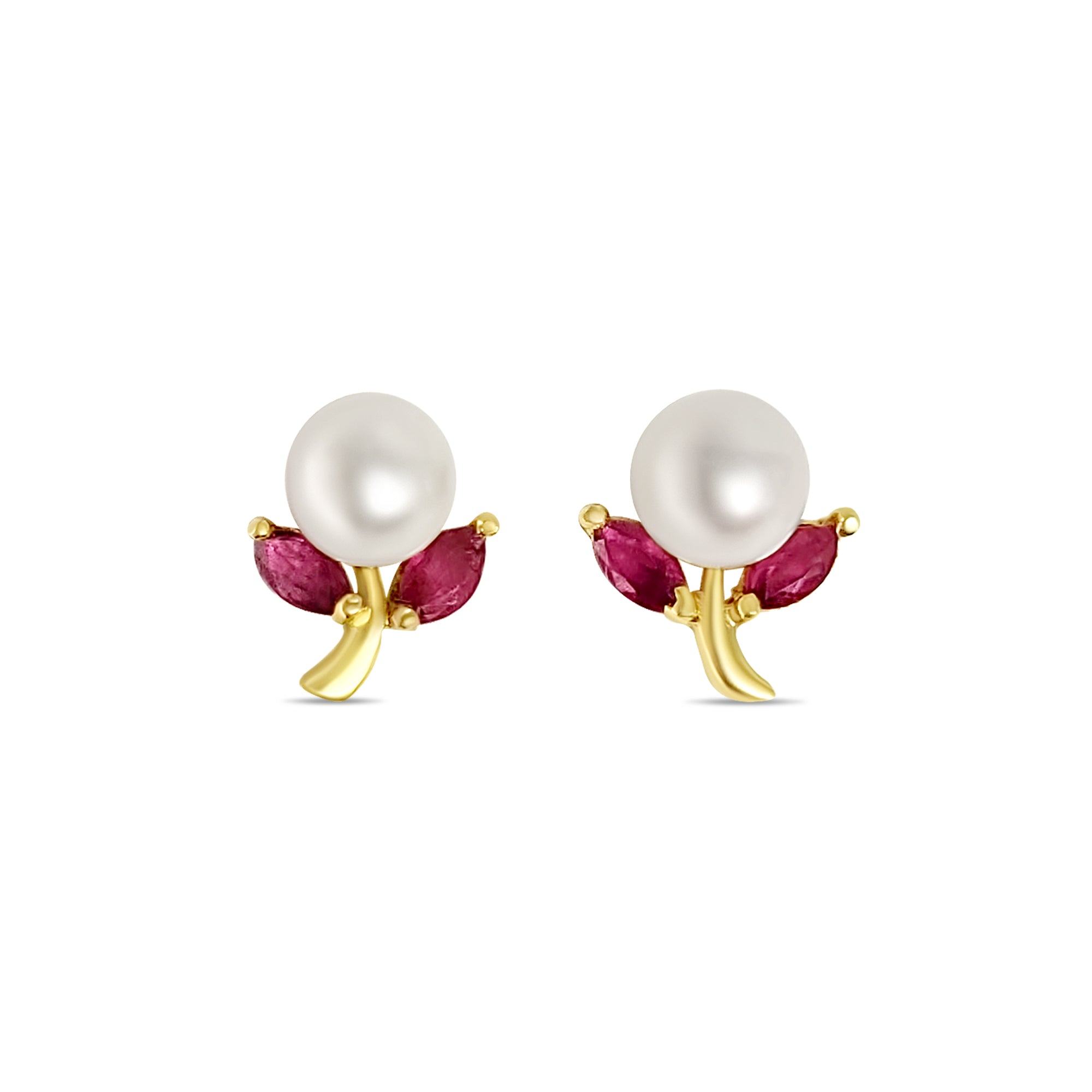 Clous d'oreilles en forme de fleur avec perles et rubis en or jaune 14 carats