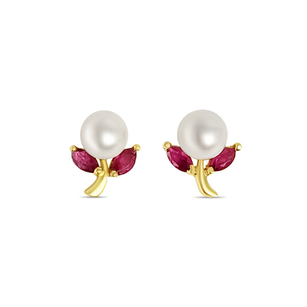 Pearl & Ruby Floral Shaped Studs 14k Yellow Gold