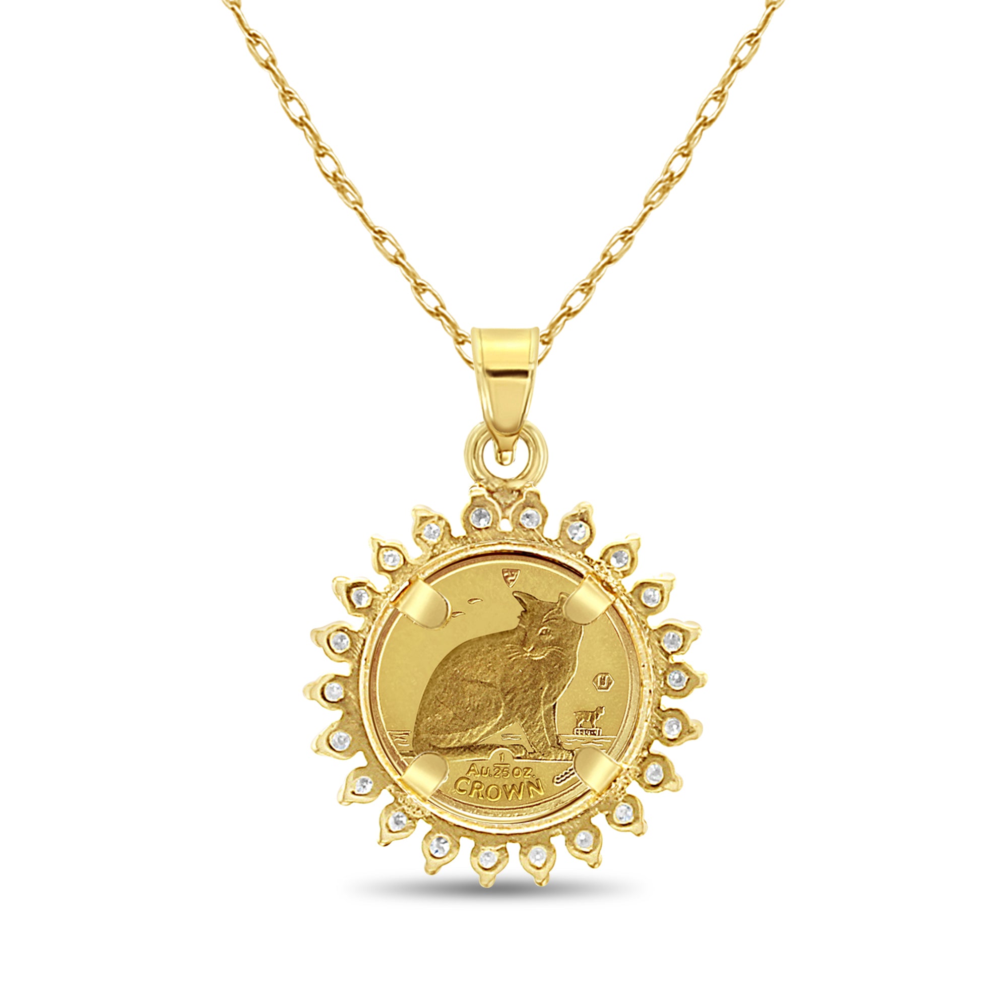 Collar con moneda de oro de la Isla de Man de la reina Isabel y halo de diamantes