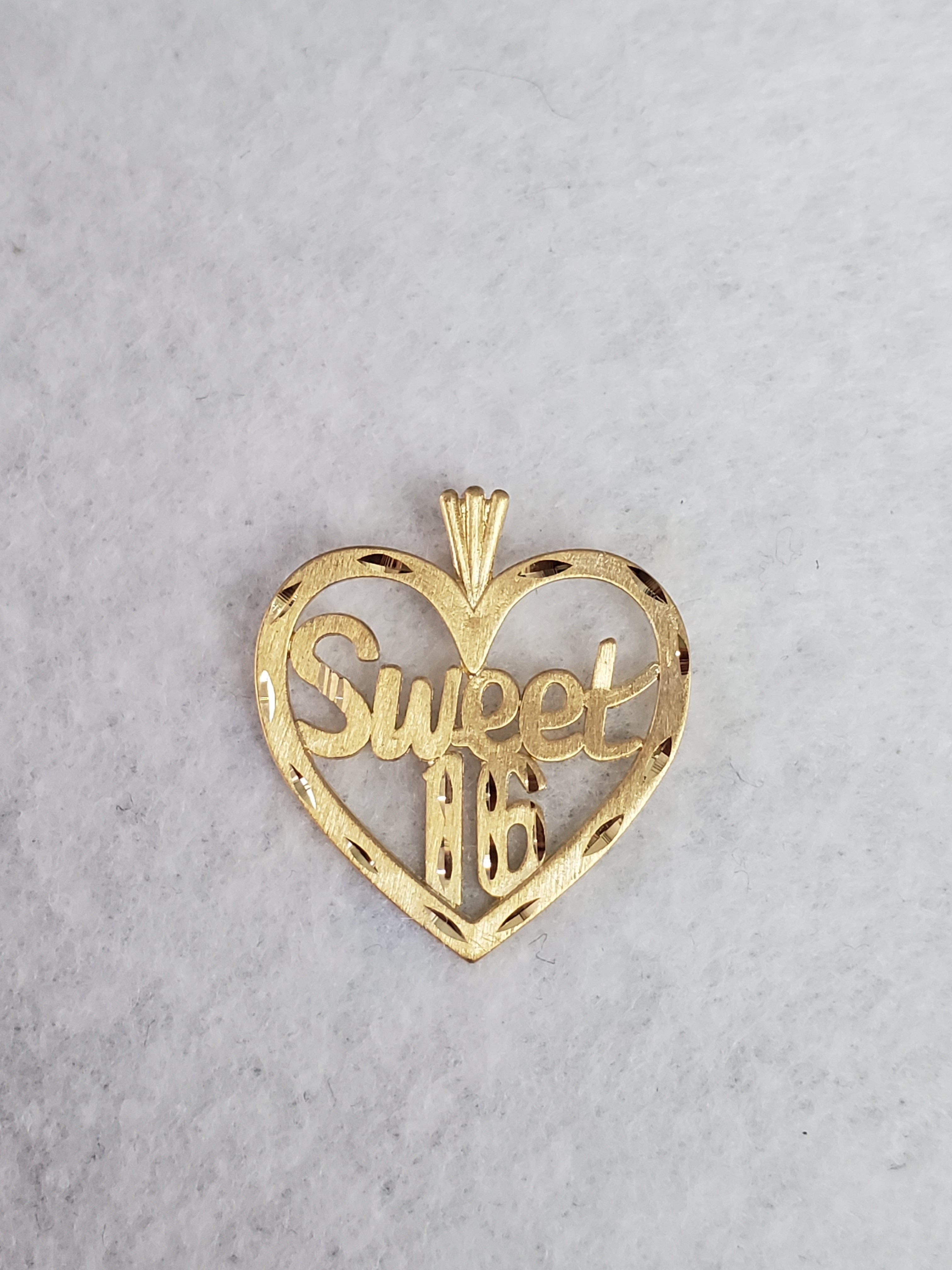 Sweet 16 Heart Shaped w. Diamond Cuts Charm/Pendant 14k Yellow Gold