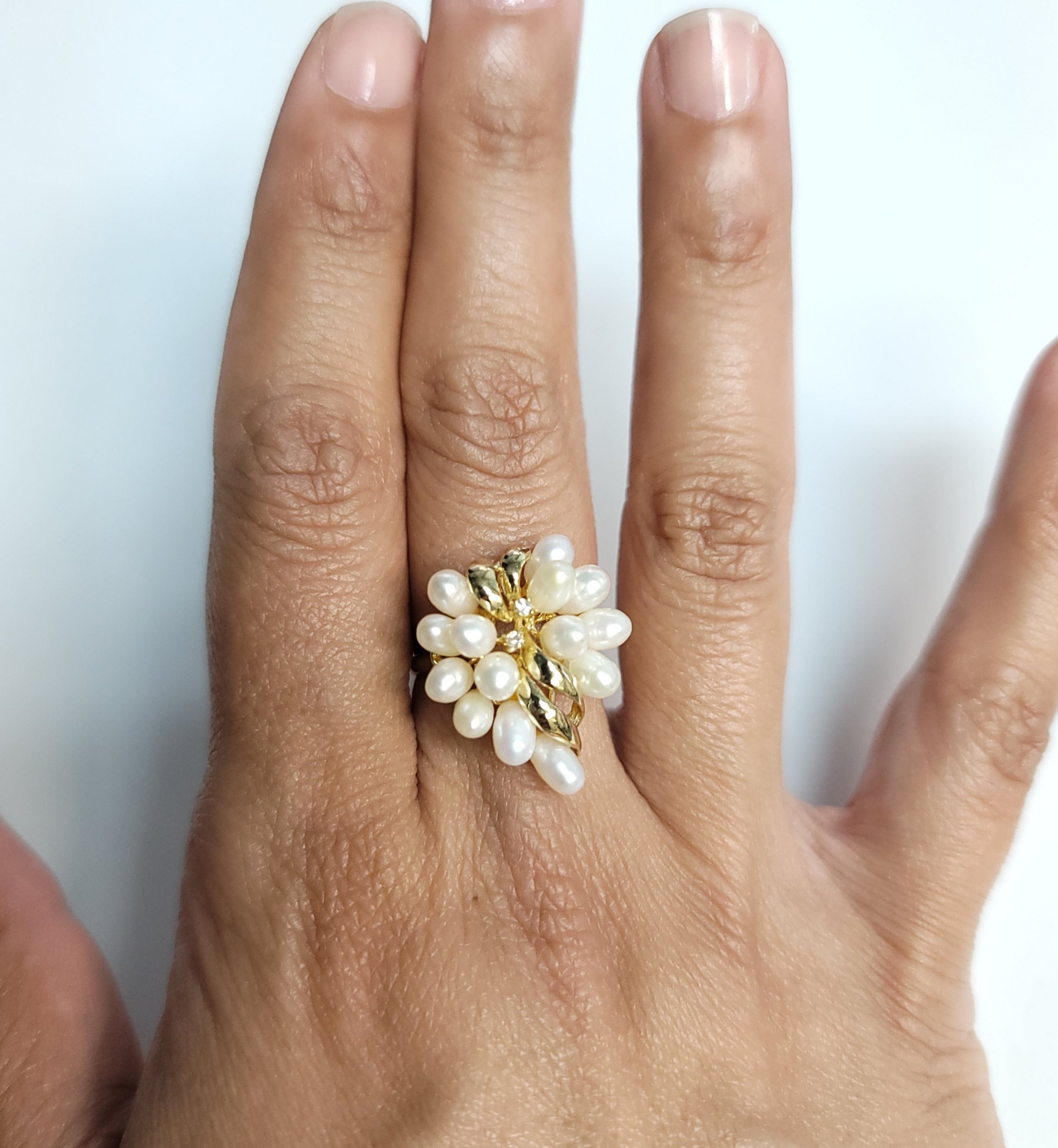 Freshwater Pearl Grape Cluster Cocktail Ring with Small Diamonds 14k Yellow Gold