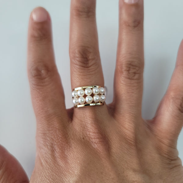Double Row Horizontal Freshwater Pearl Cluster Ring 14k Yellow Gold