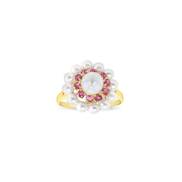 Double Halo Pearl & Ruby Ring 7MM Pearl 14k Yellow Gold