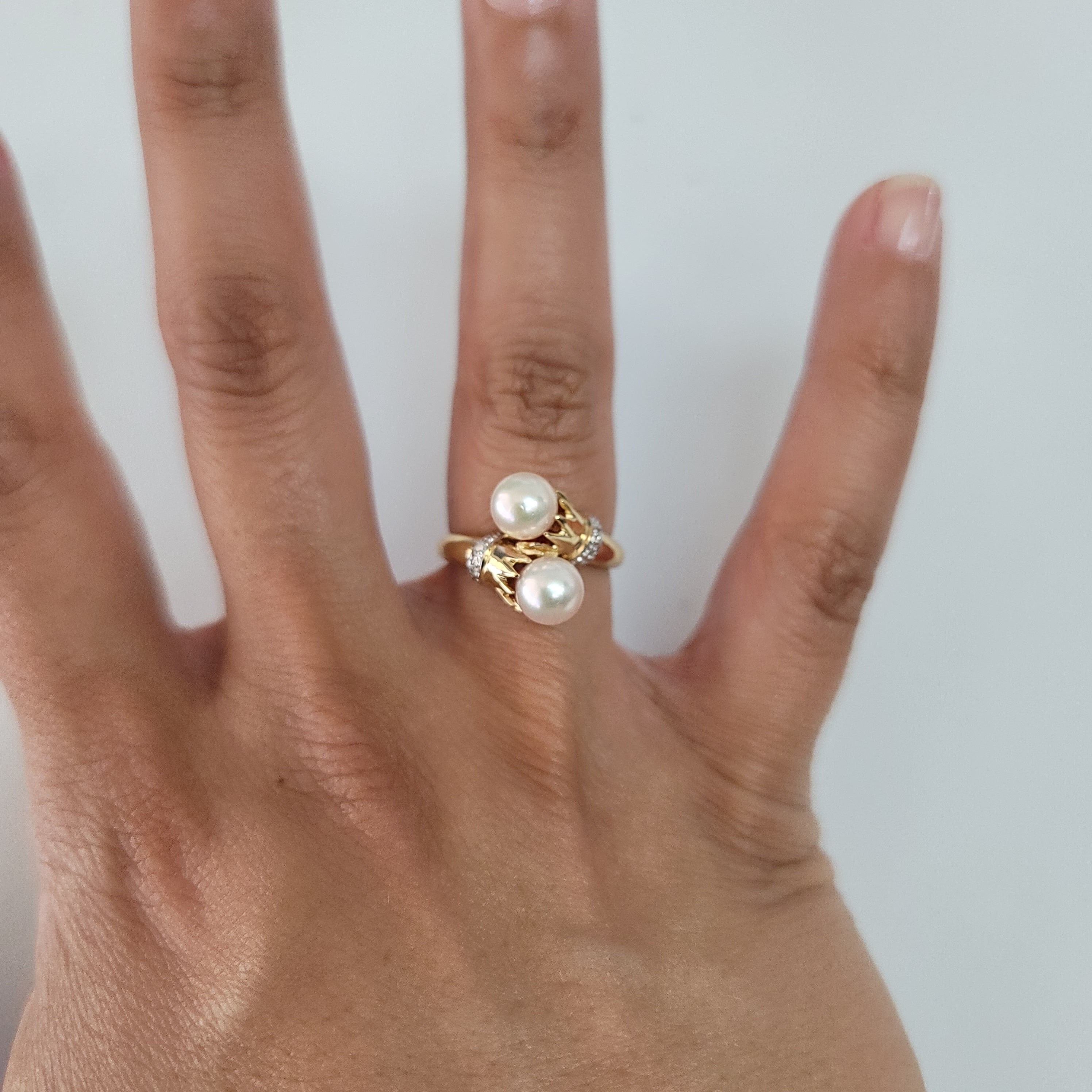 Bypass Pearl Ring with Diamond Intersecting Crowns 7MM 14k Yellow Gold