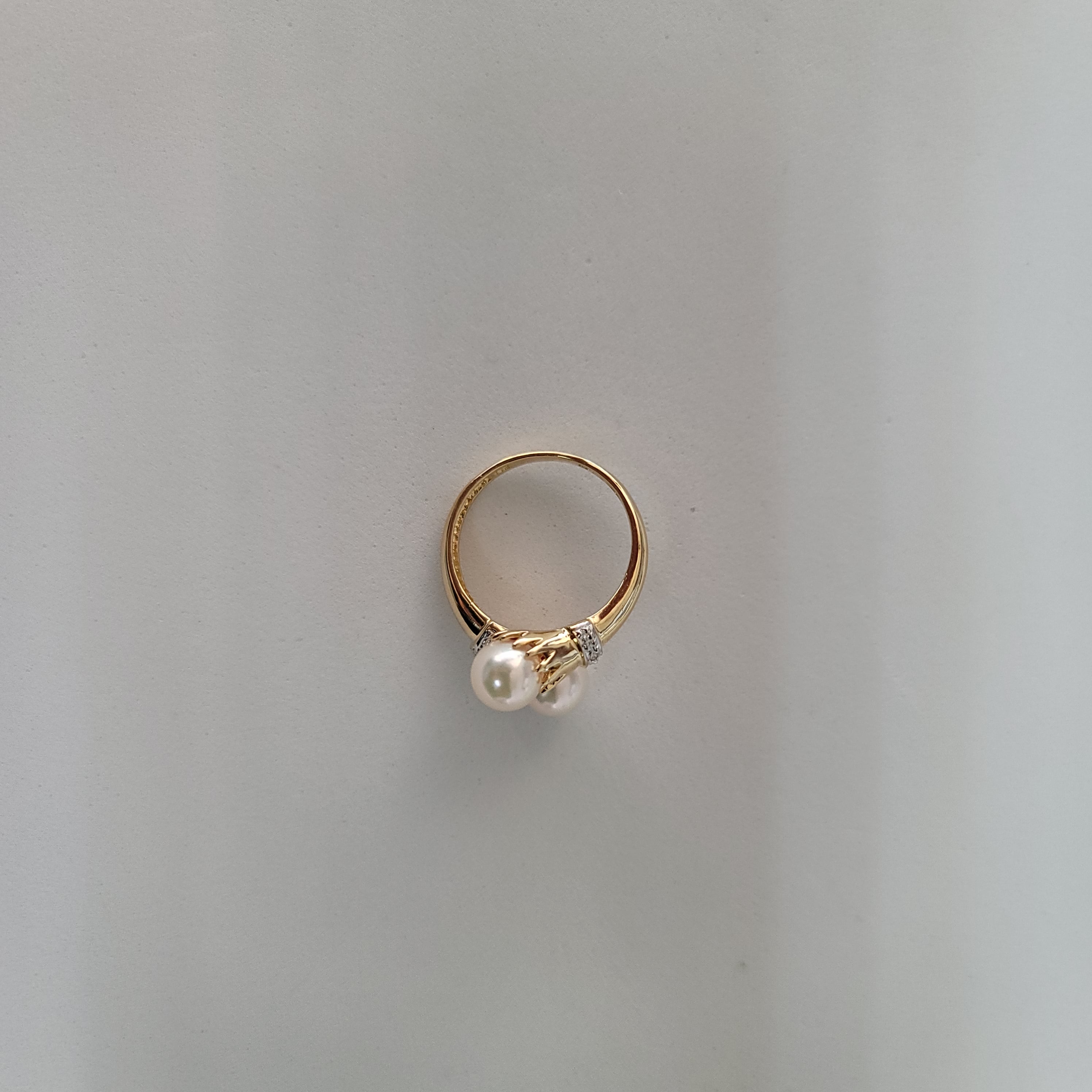 Bypass Pearl Ring with Diamond Intersecting Crowns 7MM 14k Yellow Gold