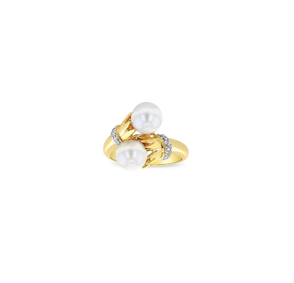 Bypass Pearl Ring with Diamond Intersecting Crowns 7MM 14k Yellow Gold