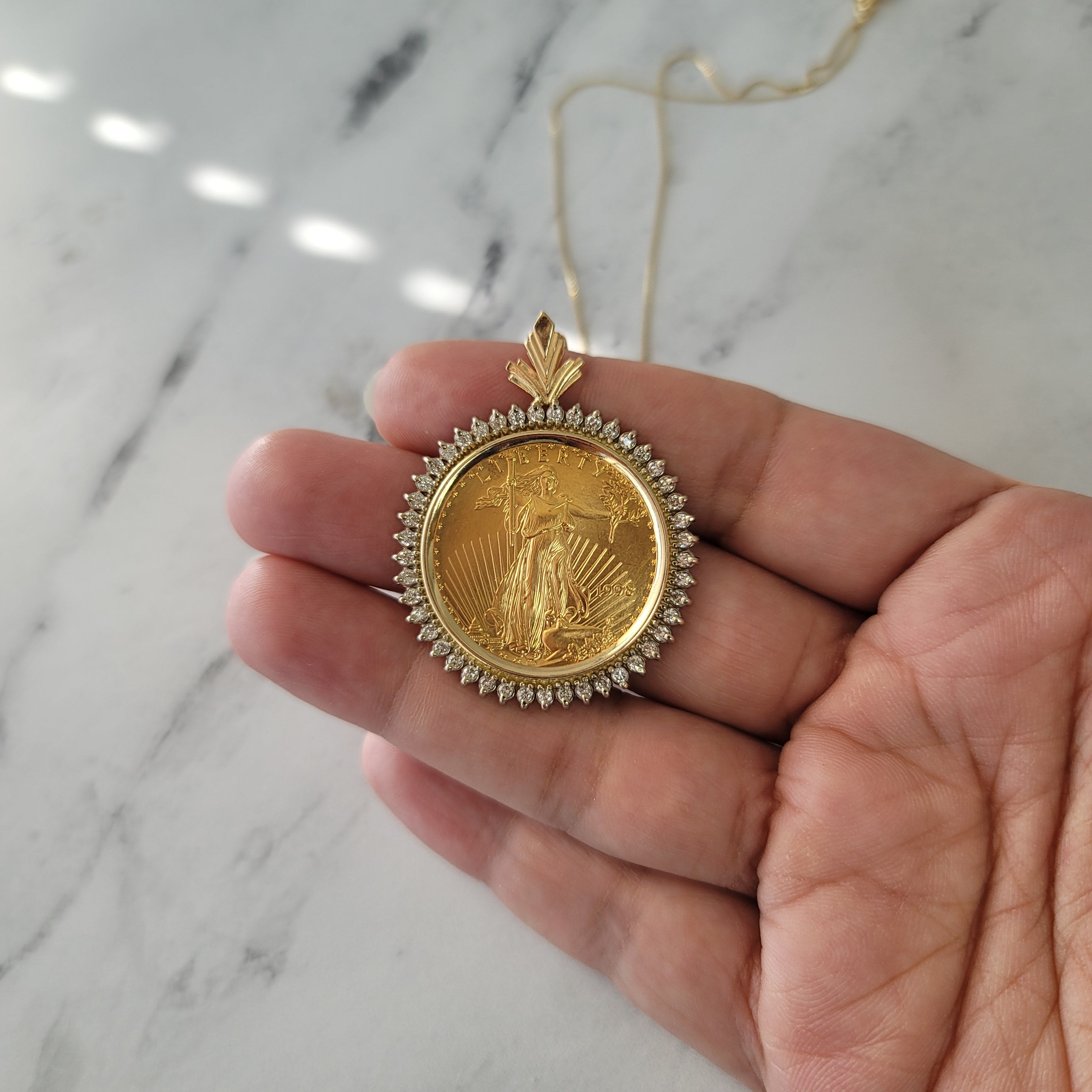 1/2OZ $25 Dollar 22K Fine Gold Lady Liberty Necklace with Diamond Halo