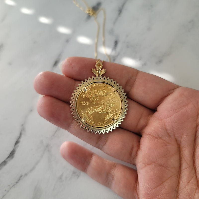 1/2OZ $25 Dollar 22K Fine Gold Lady Liberty Necklace with Diamond Halo