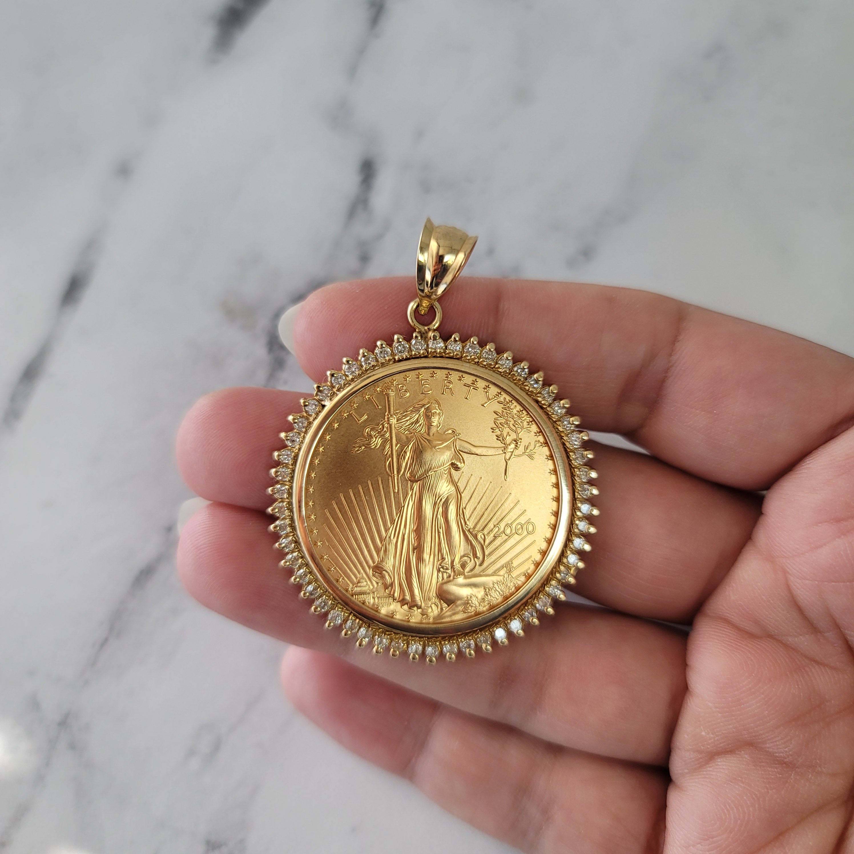 1OZ Fine Gold Lady Liberty Medallion Necklace with 1.10cttw Diamond Halo