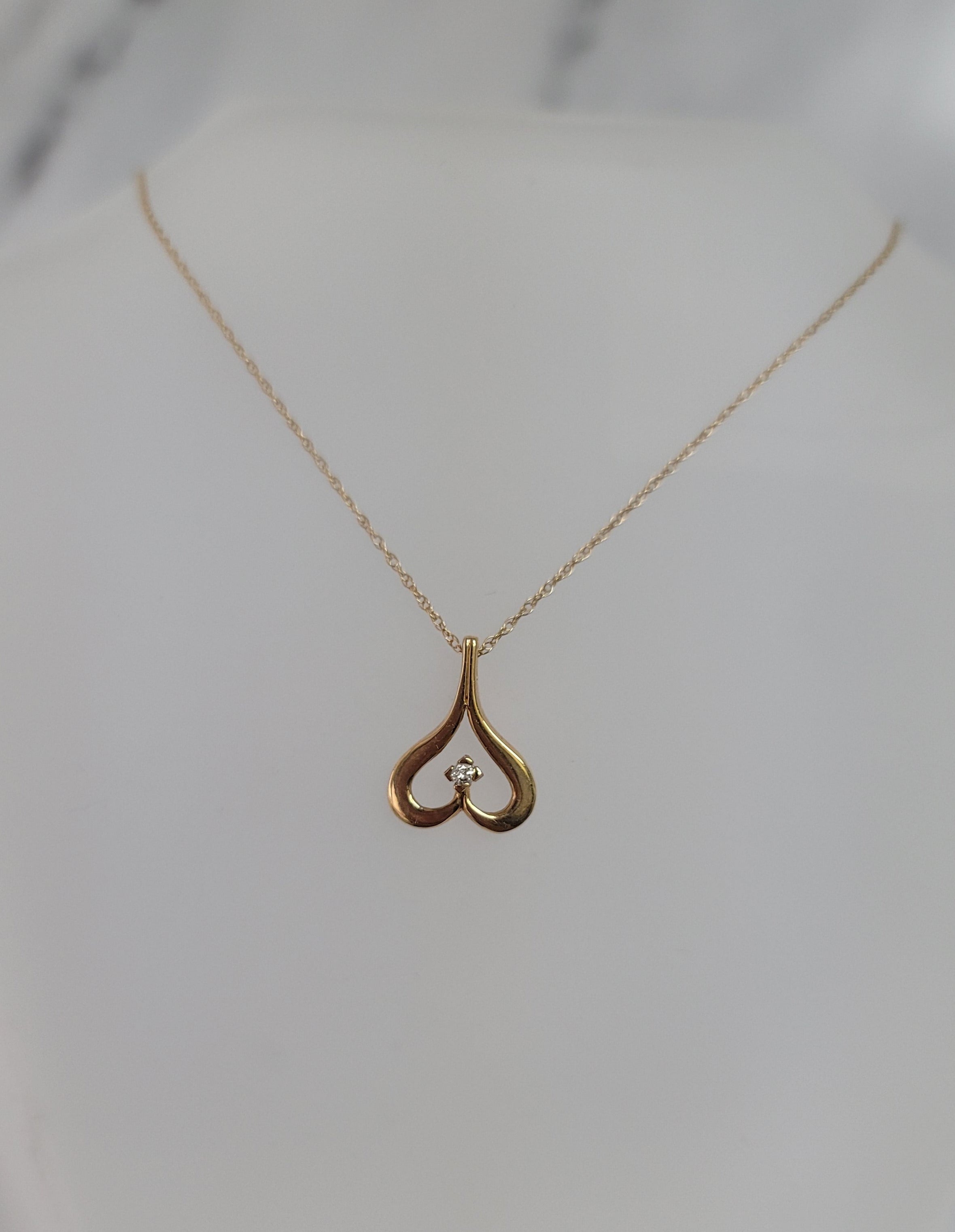 Upside Down Heart Shaped Necklace with Diamond Center 14k Yellow Gold