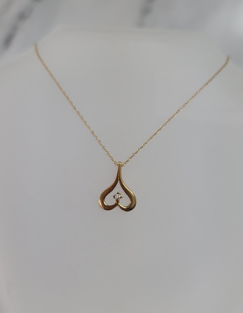 Upside Down Heart Shaped Necklace with Diamond Center 14k Yellow Gold