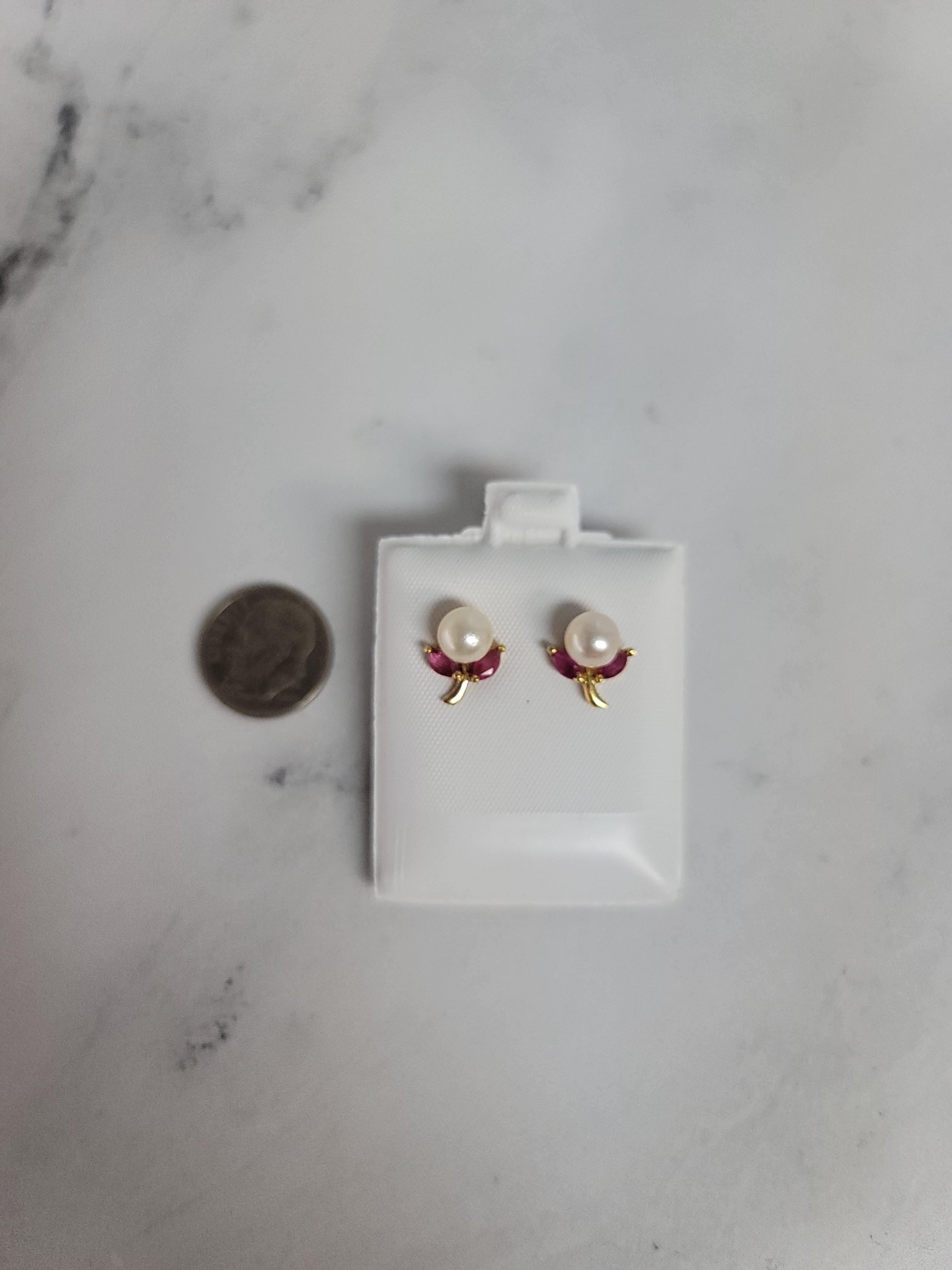 Pearl & Ruby Floral Shaped Studs 14k Yellow Gold