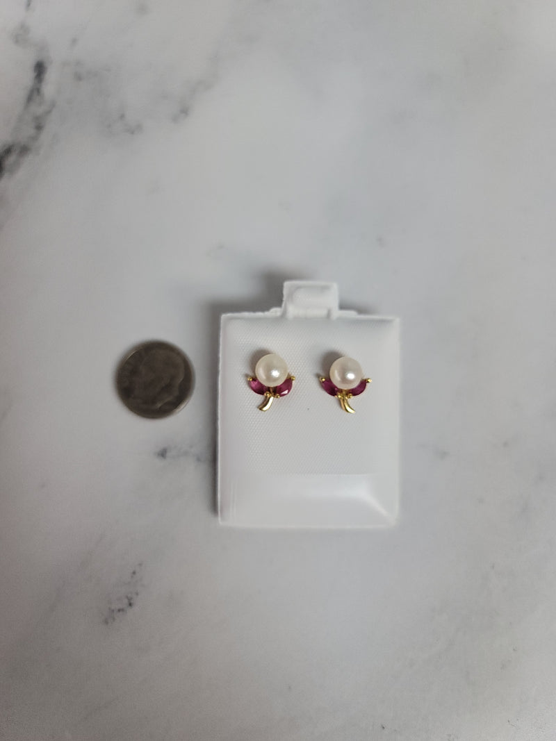 Pearl & Ruby Floral Shaped Studs 14k Yellow Gold