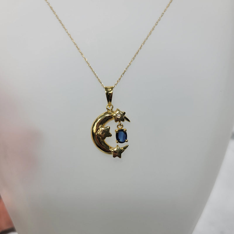 Crescent & Star Pendant with Dangling Sapphire 14k Yellow Gold