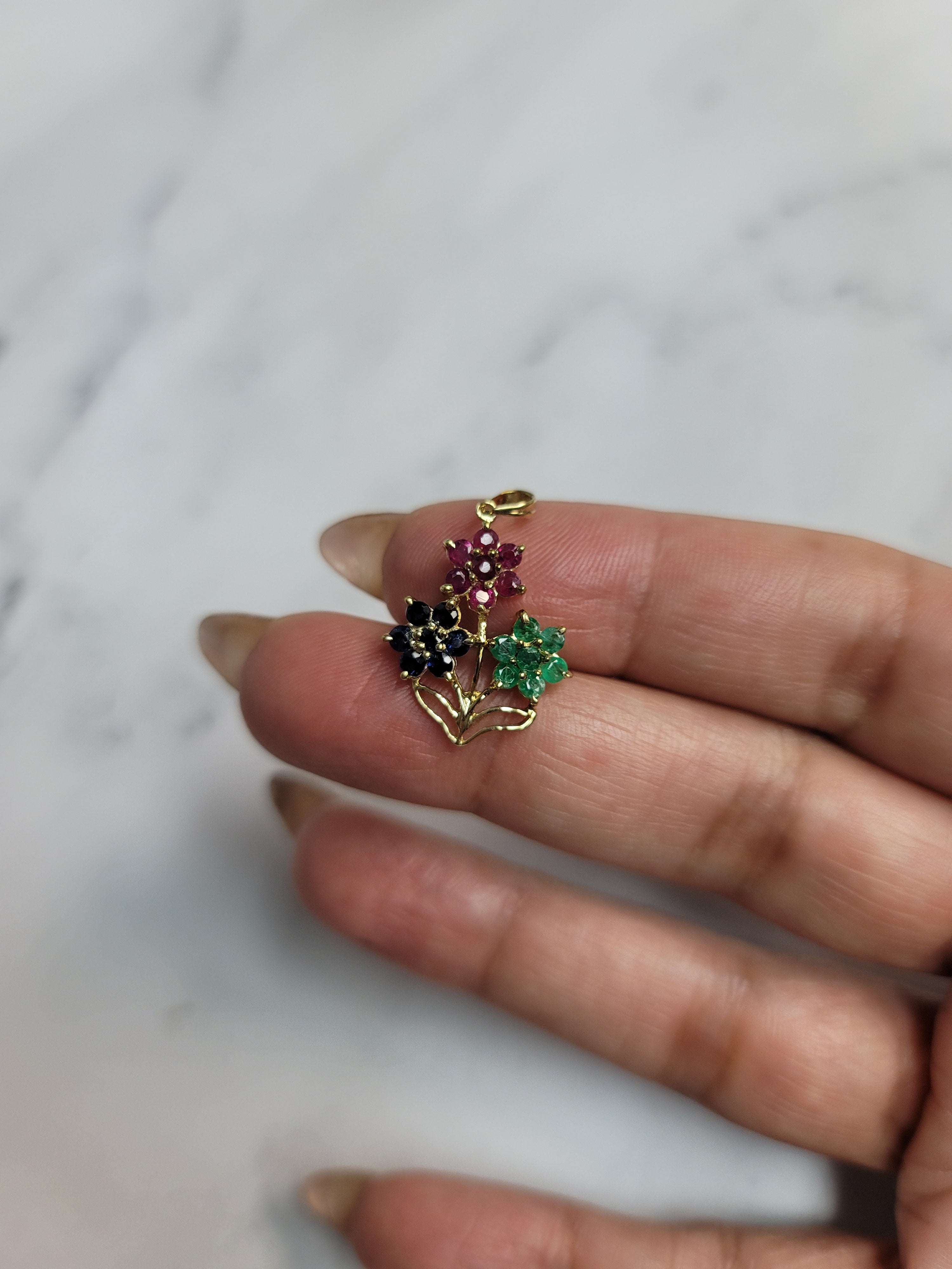 Basket full of Emerald, Sapphire & Ruby Flowers 14k Yellow Gold