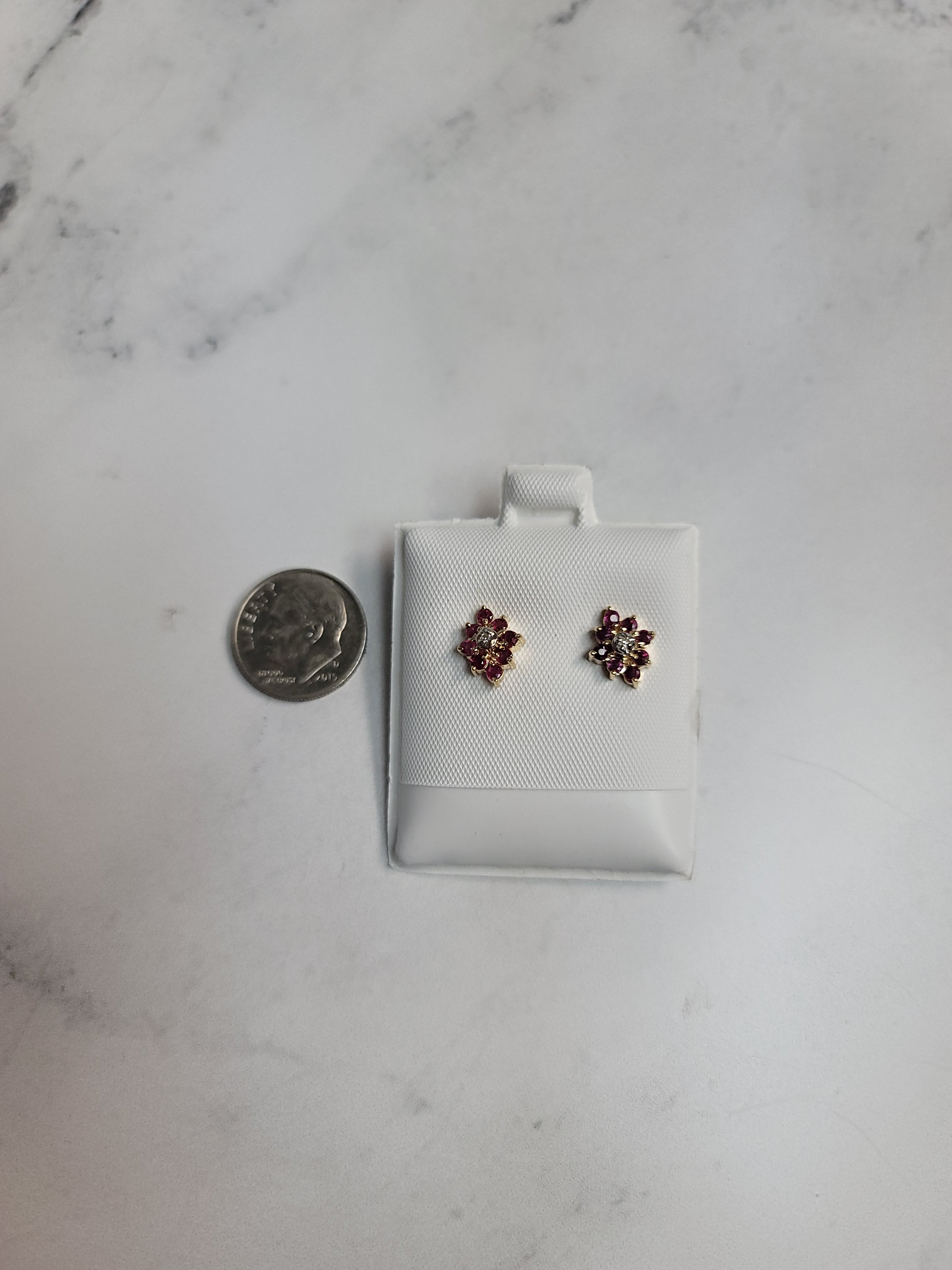 Ruby Cluster Vintage Style Earrings 10k Yellow Gold