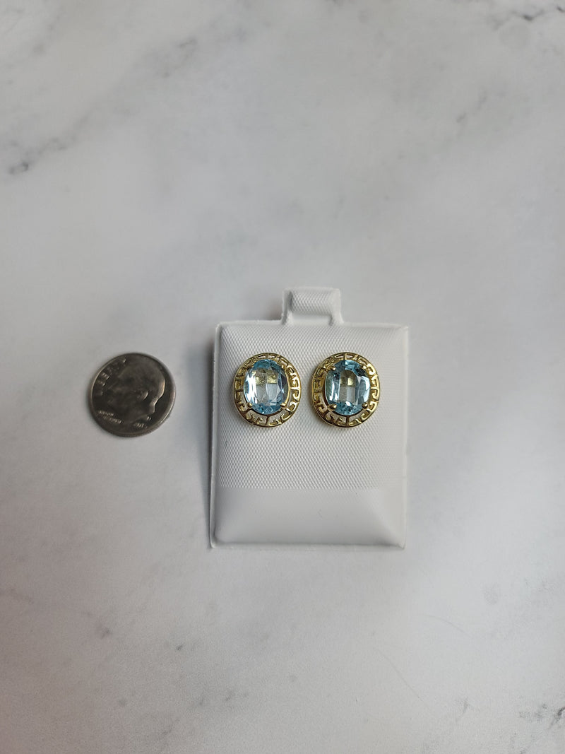 Oval Blue Topaz Earrings with 14k Yellow Gold Greek Bezel Frame