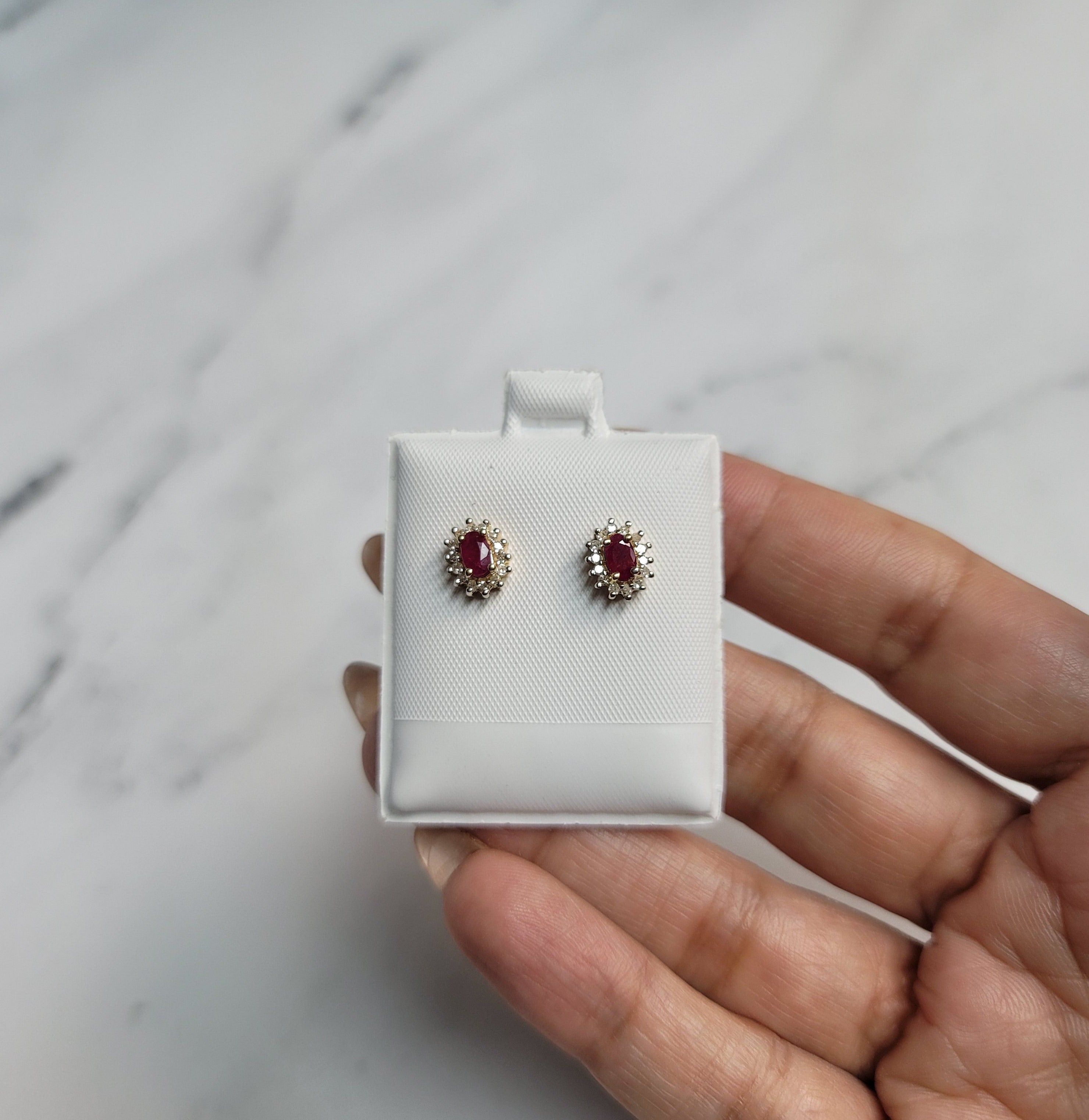 Oval Ruby & Diamond Halos Studs - 14k Yellow Gold