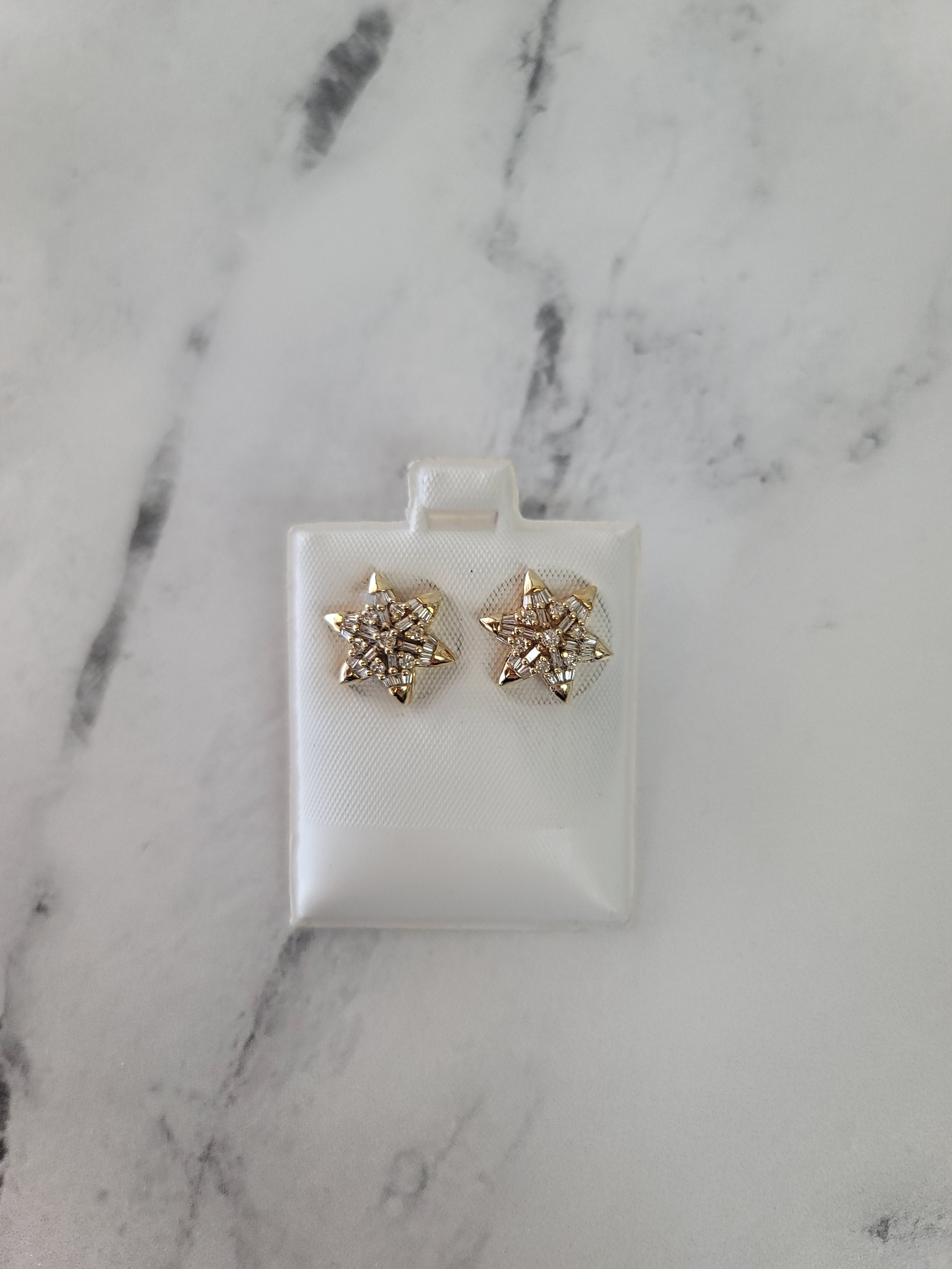 Star Shaped Baguette Diamond Earrings .77cttw 14k Yellow Gold