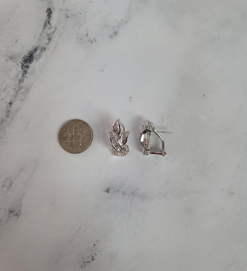 Baguette Diamond Leaf Shaped Lever Back Earrings .74cttw 14k White Gold 