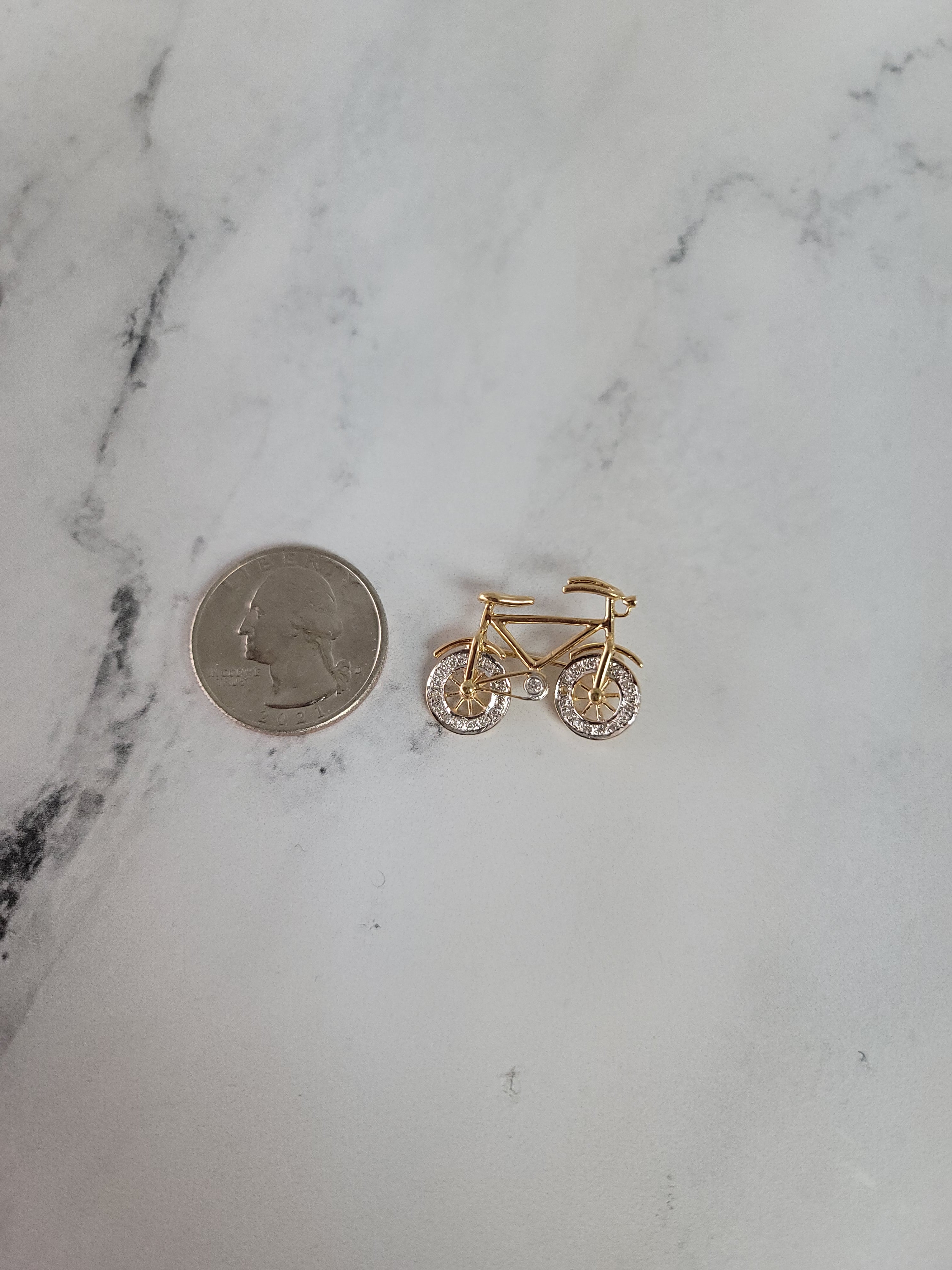 Diamond Pave Bicycle Brooch 14k Yellow Gold