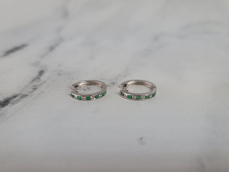 Emerald & Diamond Hoop Earrings .51cttw 14k White Gold