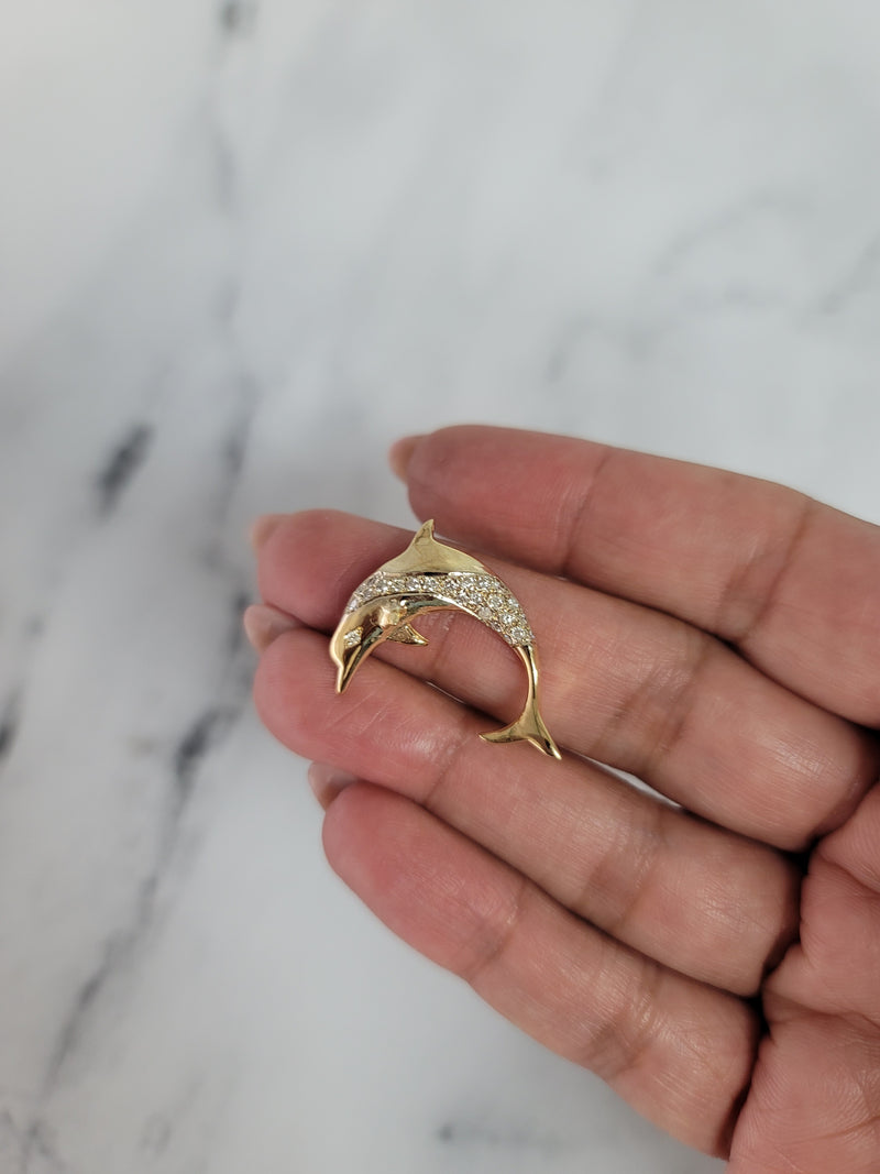 Diamond Encrusted Dolphin Necklace 14k Yellow Gold