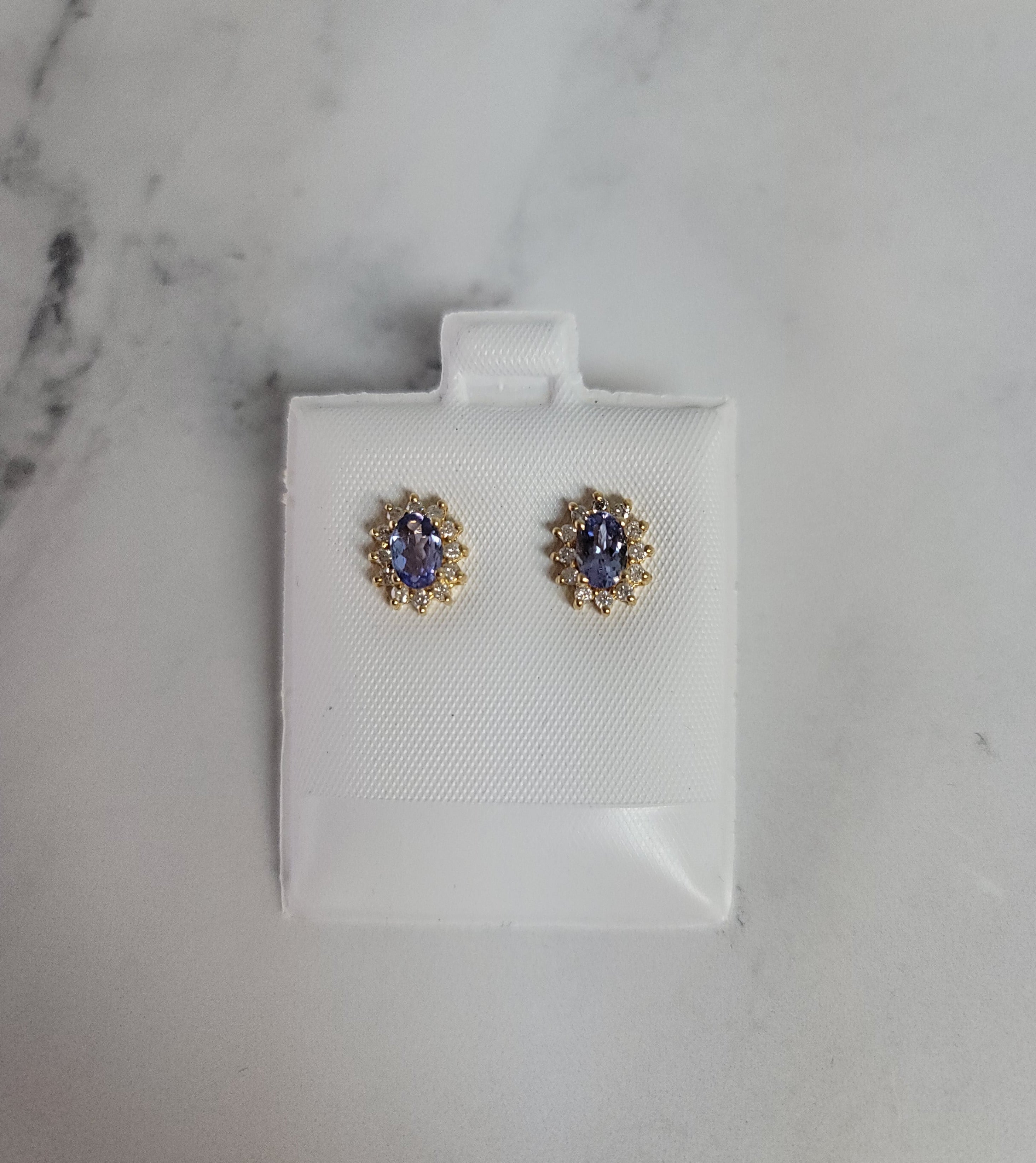 Tanzanite Diamond Halo Studs 14k Yellow Gold