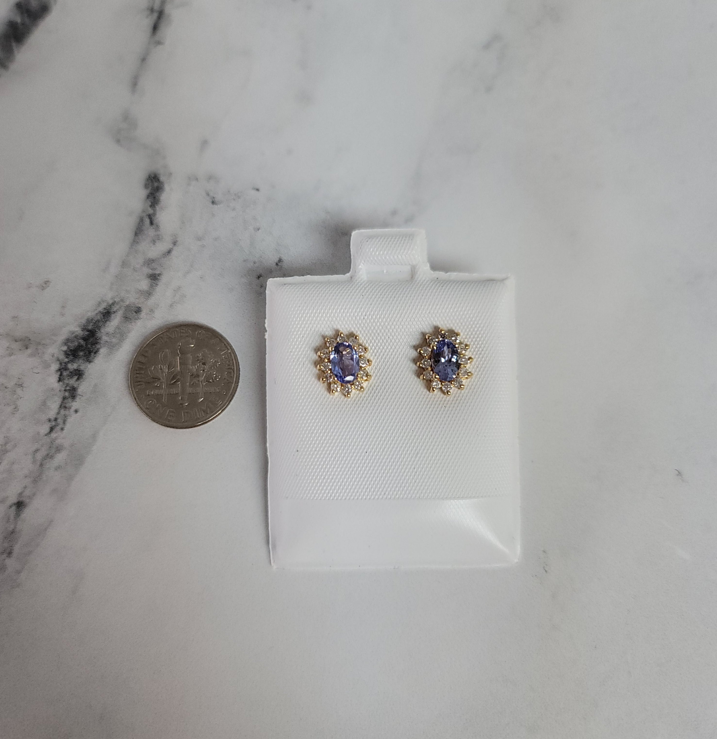 Tanzanite Diamond Halo Studs 14k Yellow Gold