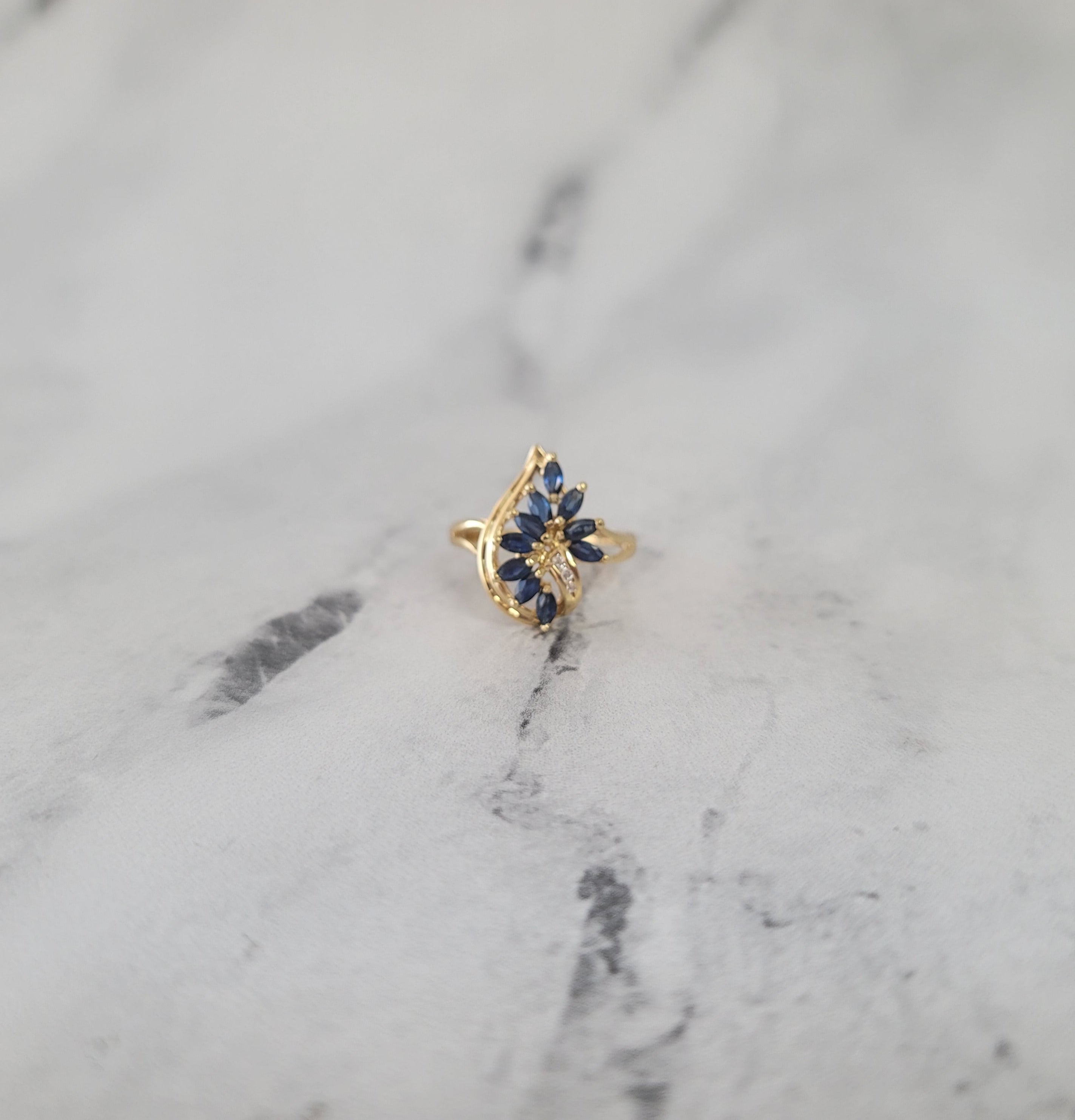 One Carat Marquise Sapphire Cluster Ring w. Diamond Cluster 14k Yellow Gold