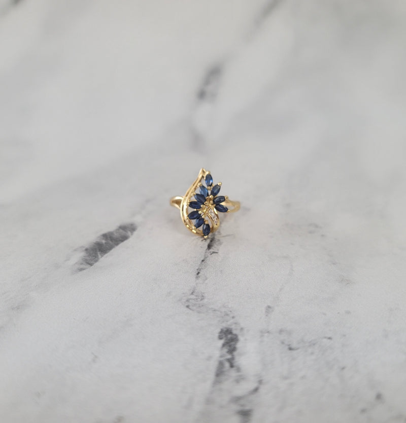 One Carat Marquise Sapphire Cluster Ring w. Diamond Cluster 14k Yellow Gold