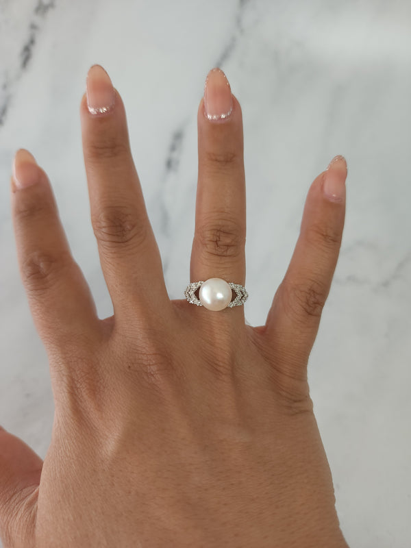 Freshwater White Pearl Diamond Ring .10cttw 14k White Gold