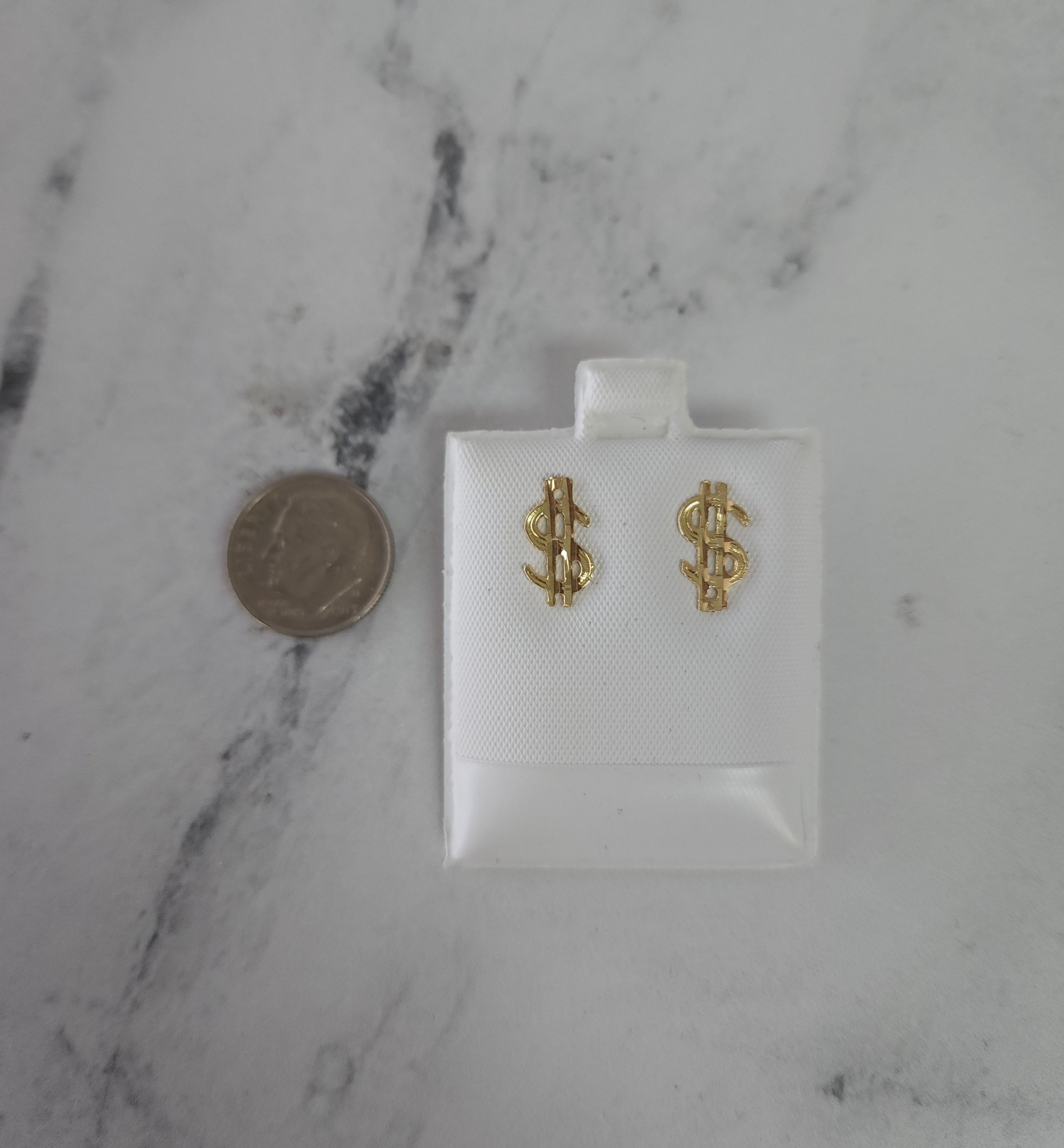 Money Sign/Dollar Sign Gold Studs with Diamond Cuts 14k Yellow Gold